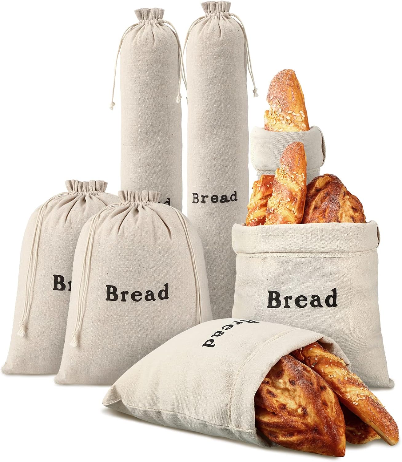6 Pcs Linen Bread Bags Reusable Bread Bags for Homemade Bread Large Drawstring Artisan Bread Storage Bags Loaves Pastries Bags Homemade Food Storage Wedding Gift for Home Bakery, 12 x 15 In, 6 x 26 In