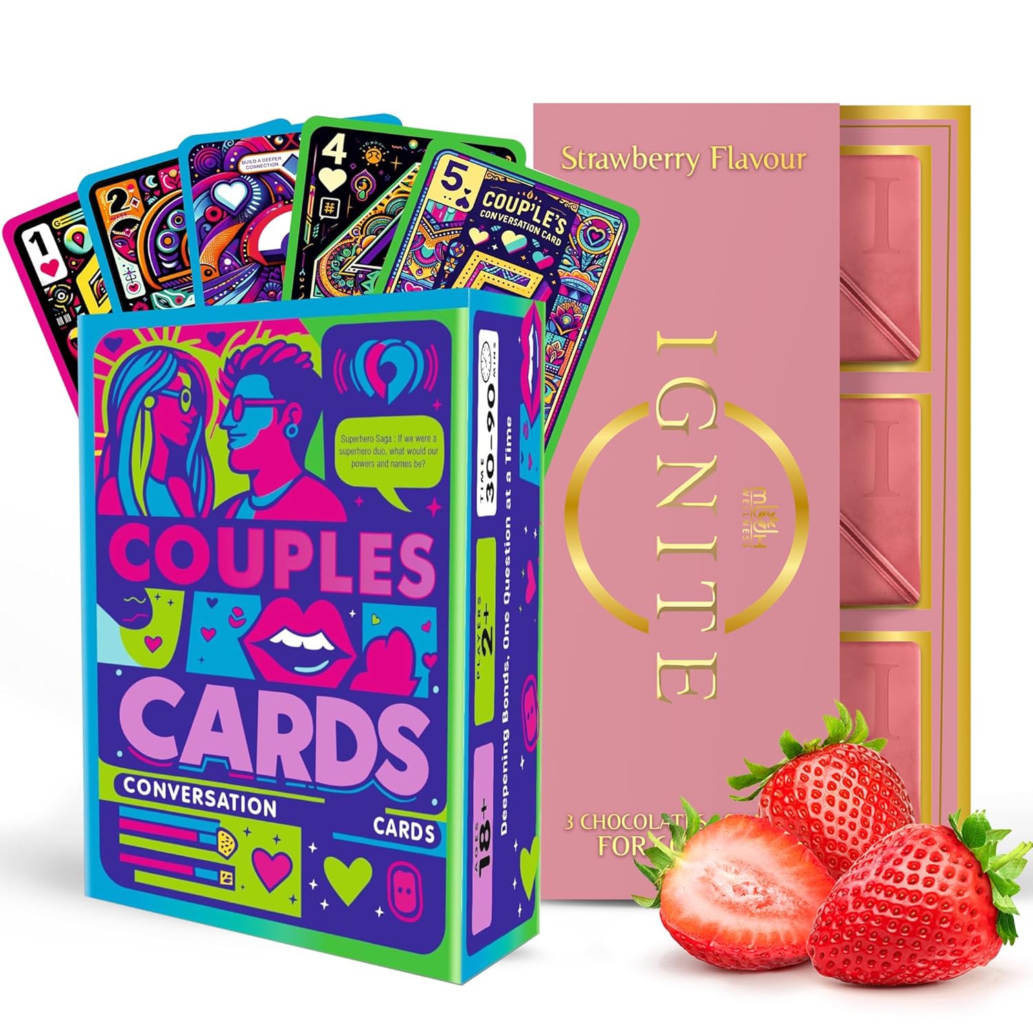Ignite Strawberry Chocolate Bars & Conversation Cards for Couples – Premium 60% Cocoa Chocolate with Fresh Strawberry Flavor, Perfect for Date Nights, Special Occasions, & Meaningful Conversations