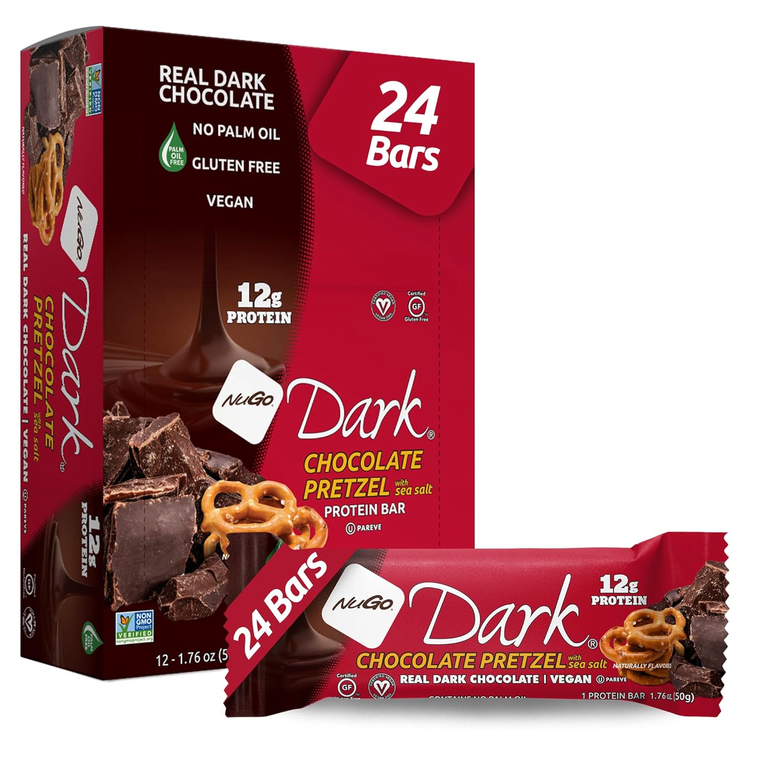 NuGo Dark Chocolate Pretzel and Sea Salt, 12g Protein Bar, Vegan, Gluten Free, Non-GMO, Kosher Pareve, 24 Count