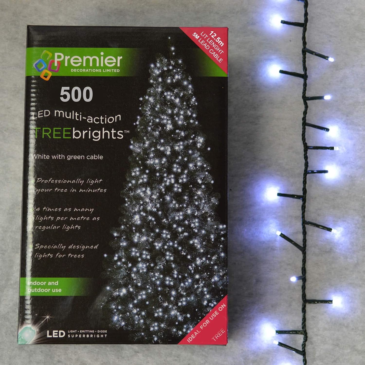 Premier Decorations 12.5m WHITE 500 LED Supabright CHRISTMAS TREEBRIGHT Festive LIGHTS for 1.5m Tree