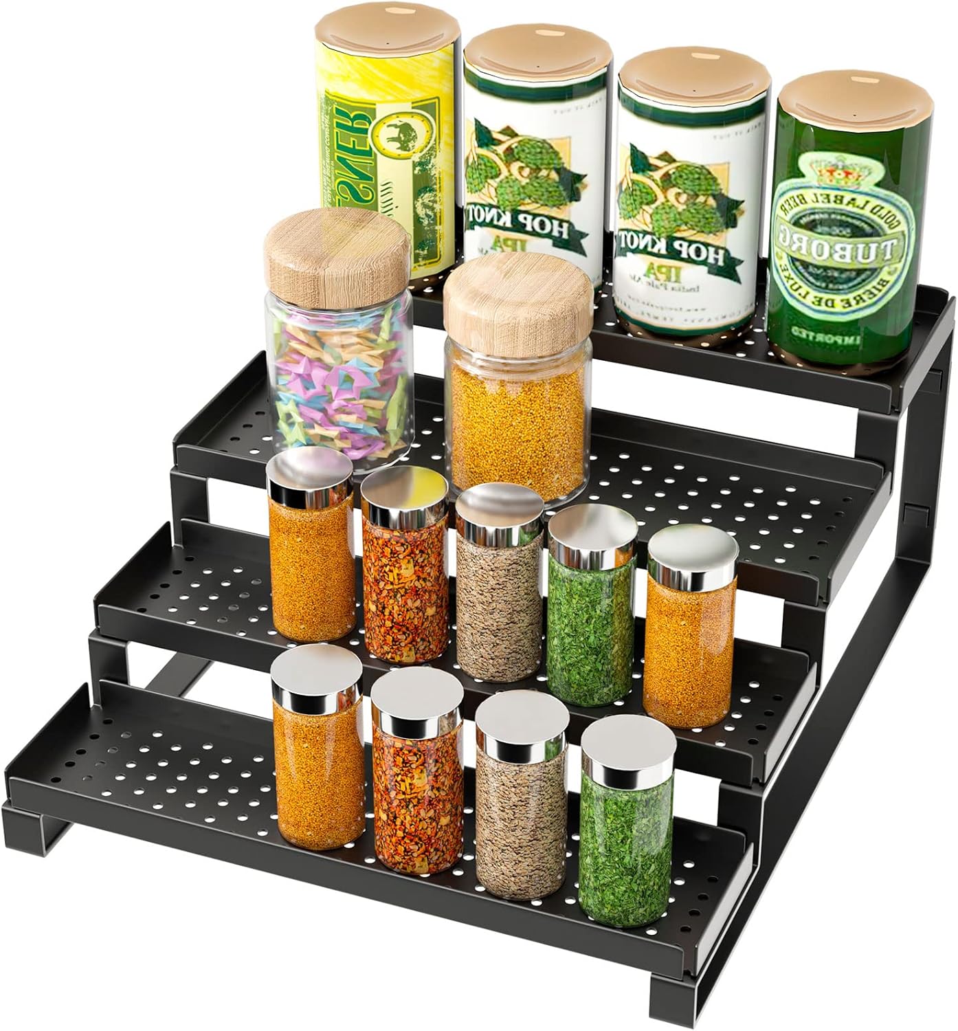 4-Tier Spice Rack Organizer Spice Shelf, Sturdy Seasoning Organizer Spice Storage Metal Riser Shelf, Pantry Kitchen Spice Holder Stand Step Rack Easy See all Canned Spice Jars, Black