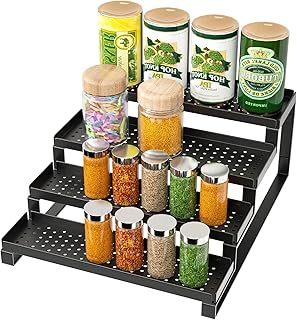 4-Tier Spice Rack Organizer Spice Shelf, Sturdy Seasoning Organizer Spice Storage Metal Riser Shelf, Pantry Kitchen Spice Holder Stand Step Rack Easy See all Canned Spice Jars, Black