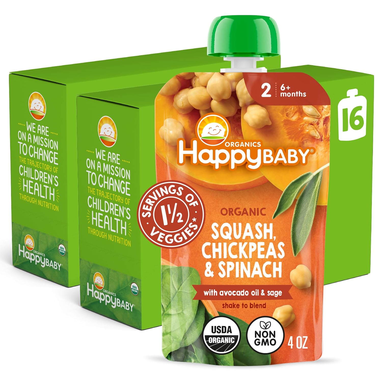 Happy Baby Organics Savory Blends Stage 2 Baby Food, Squash Chickpeas & Spinach with Avocado Oil + Sage, 4 Ounce Pouch (Pack of 16)