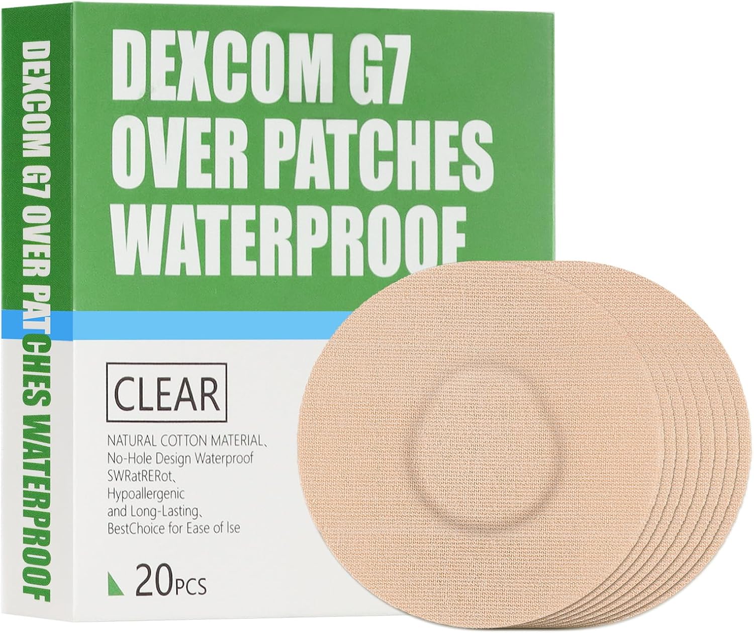 20 Pack,Over Patches Waterproof for Dexcom g7,CGM Sensor Patches| Non-Glue Central, Full Coverage, Latex-Free, Hypoallergenic& Breathable | Easy to Remove Without Leaving Any Marks (Tan, 3.15)