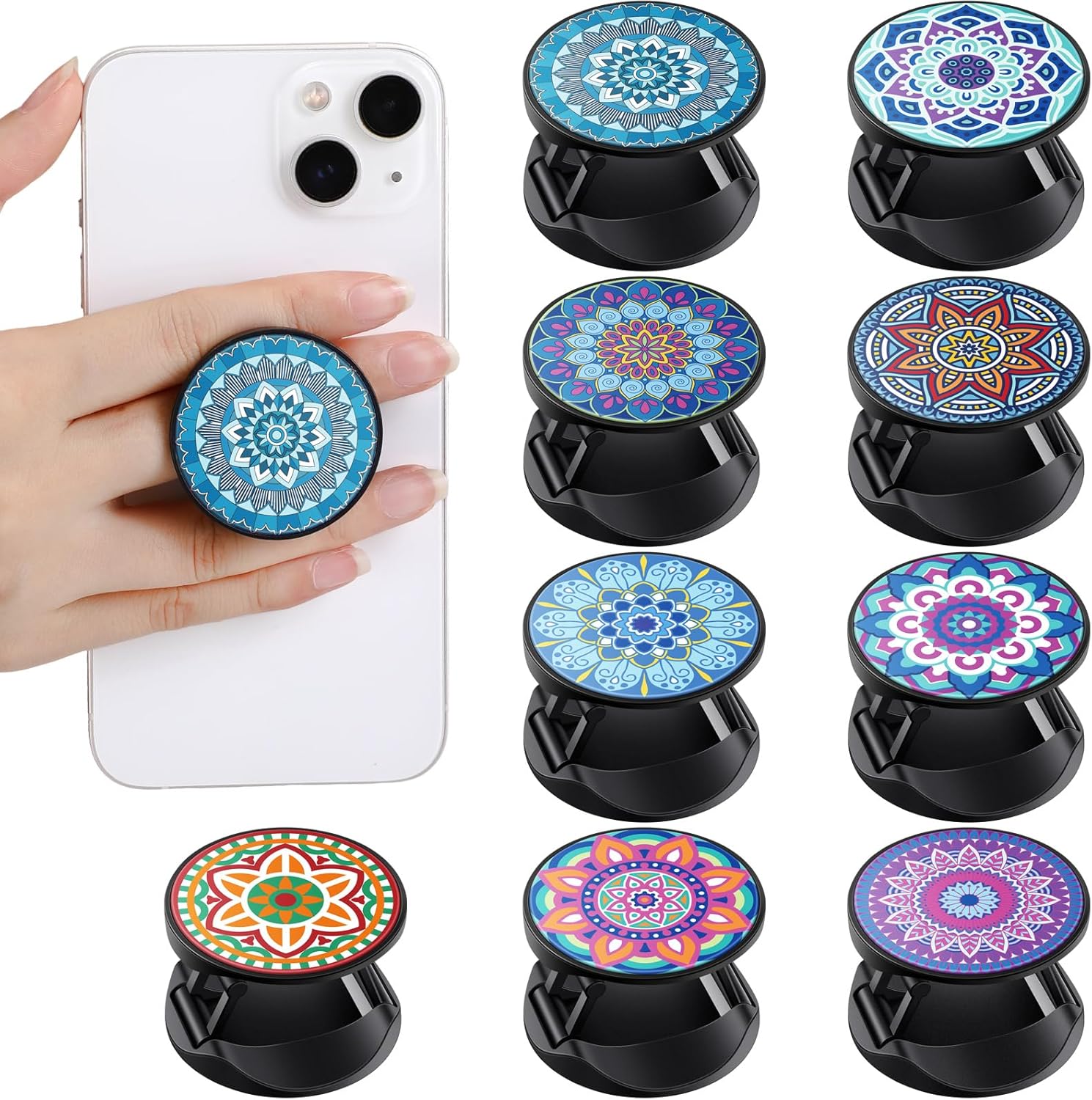 Honoson 9 Pieces Cell Phone Grip Holder Collapsible Holder Colorful Self-Adhesive Finger Ring Sublimation for Smartphone and Tablets(Mandala Pattern)