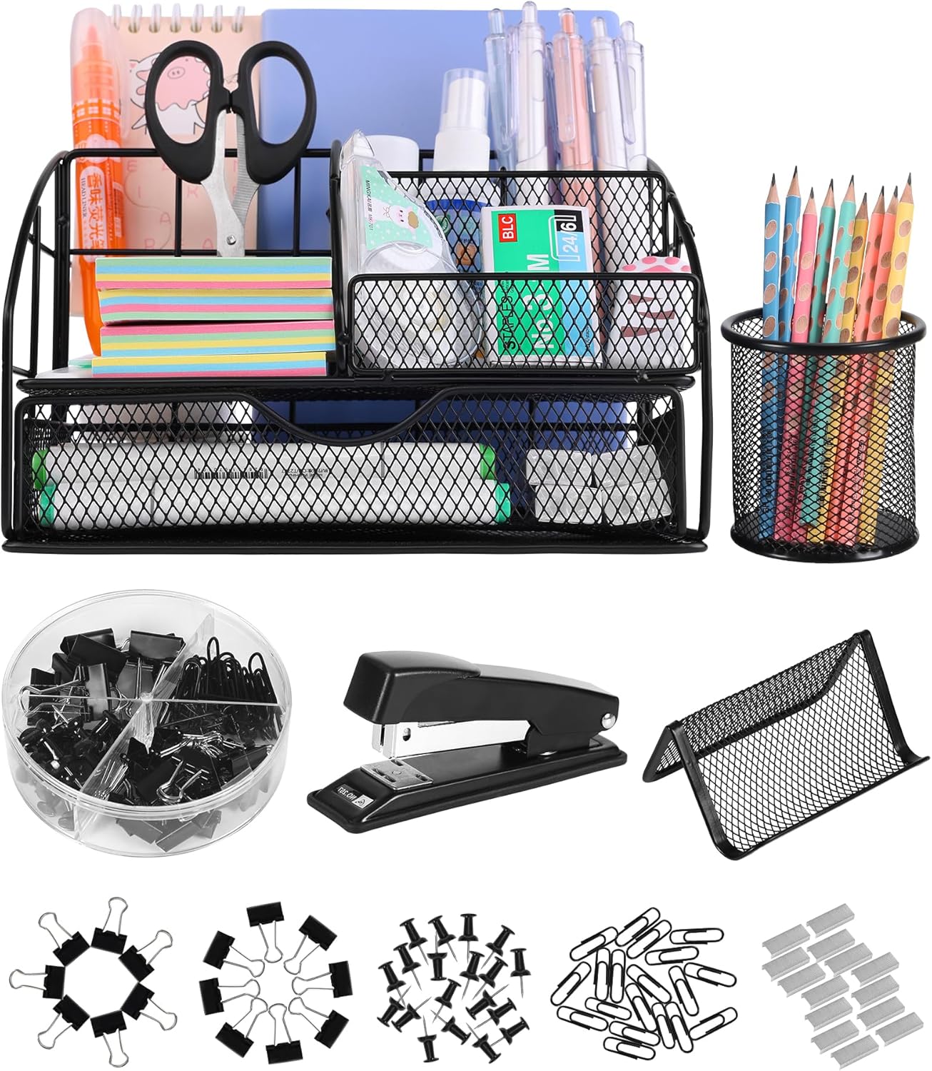 Office Supplies Desk Organizer - Desk Organizers and Accessories, Supplies Set with Pen Holder, Stapler and 72 Clips Set for Office, Home, School, Black
