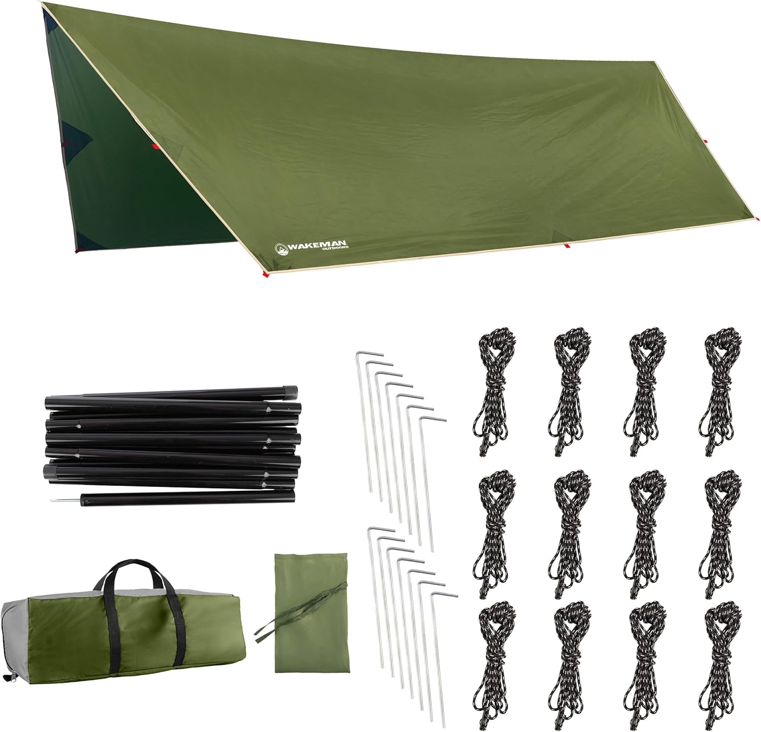 Camping Tarp with Poles - 15x12 Tarp for Camping or Hammock Rain Fly for Hiking, Backpacking or Portable Survival Shelter, UV Protection and 3000mm Water Resistant by Wakeman Outdoors (Green)