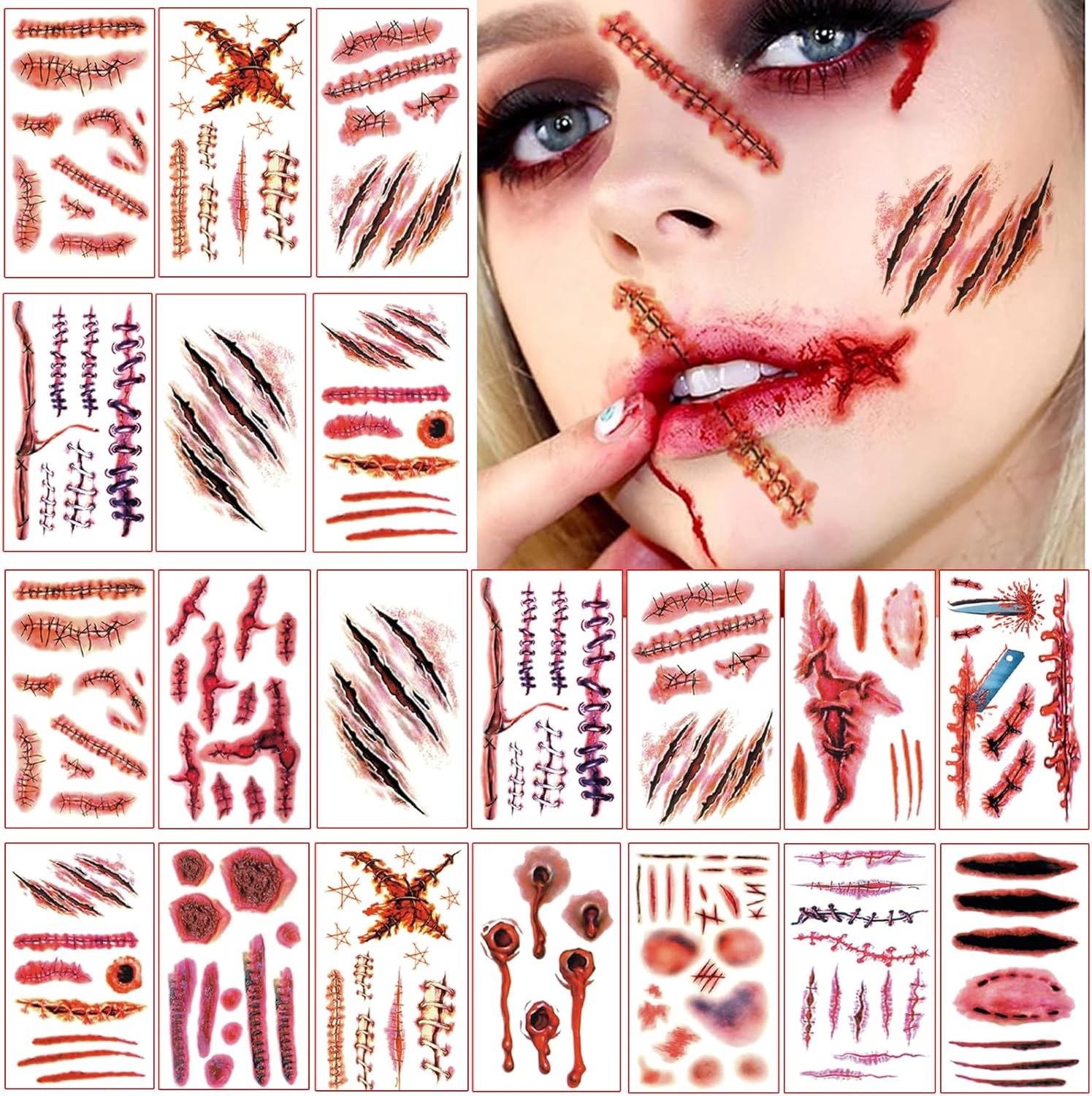 Scar Tattoos, 20 Sheets Scars Wounds Blood Zombie Makeup Stickers, Temporary Scab Face Body Tattoos for Women Men Masquerade Halloween Cosplay Party Makeup Props