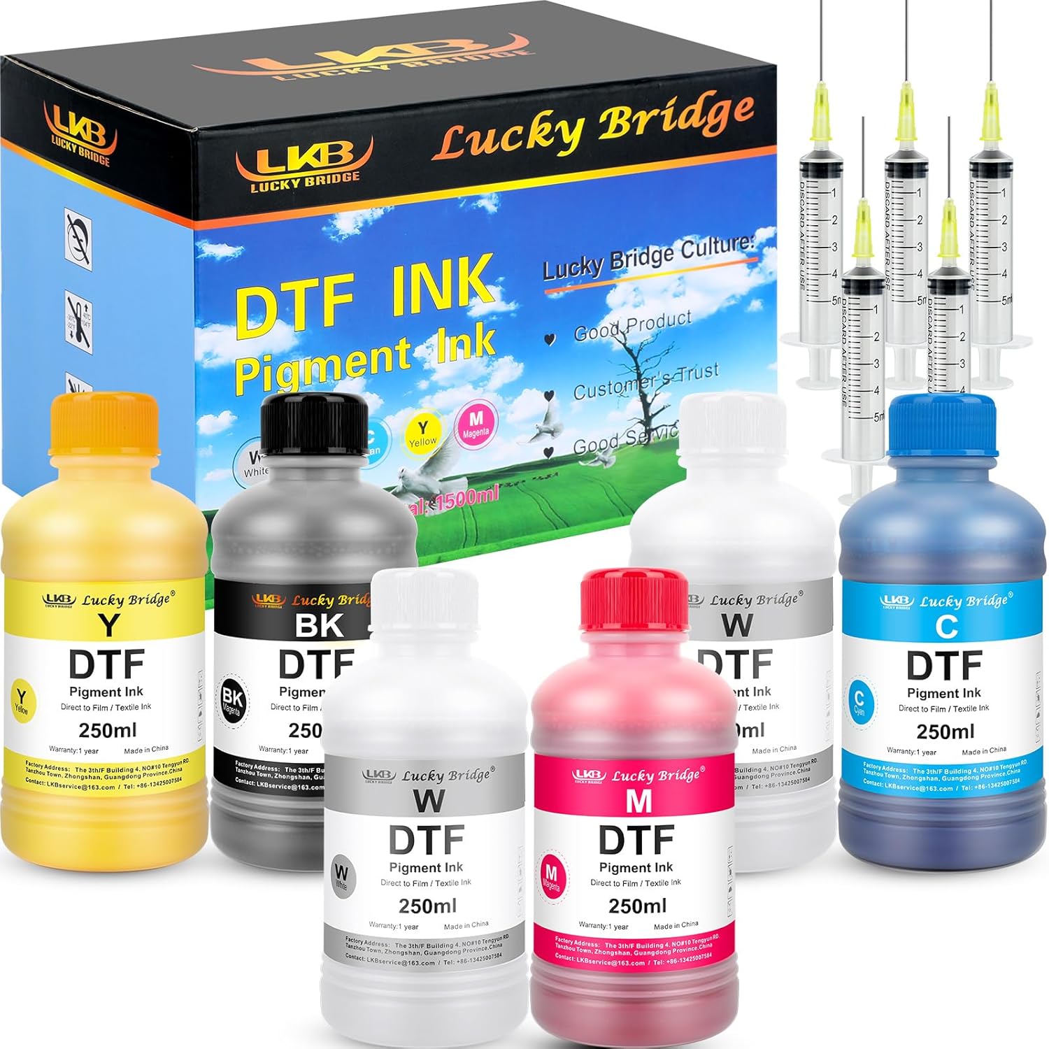 Lucky Bridge DTF Ink 6x250ml Premium Pigment Ink for PET Film Heat Transfer Printing Refill ink for all Epson DTF Printer with printhead DX5 DX7 5113 XP600 I3200 etc.- (1500ml) UK