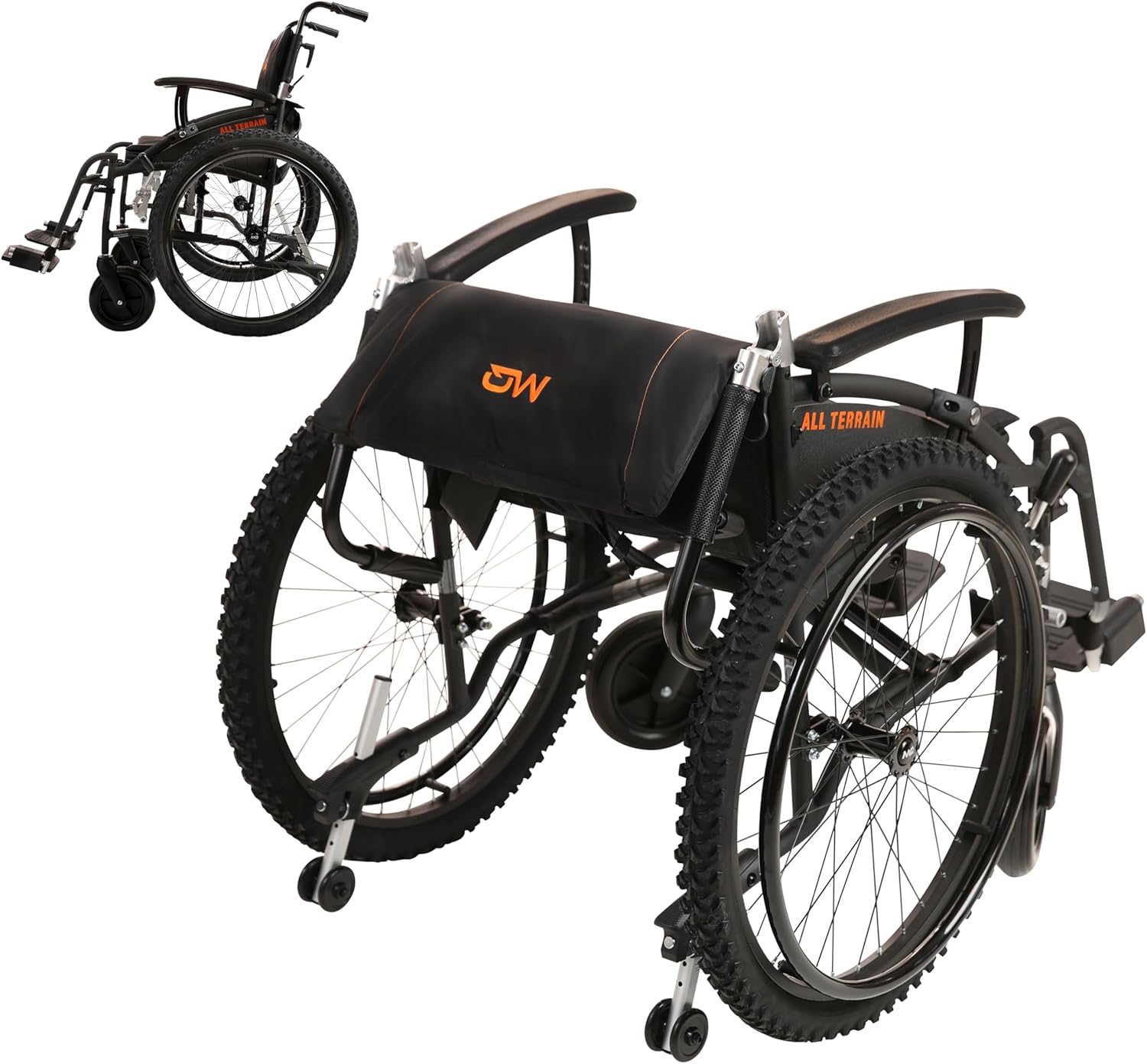 MobiQuip All Terrain, Lightweight, Folding, Manual Self Propelled Aluminium Wheelchair, 24 Inch Mountain Bike Style Pneumatic Tyres, Easy Compact Folding Black Frame, Weighs Just 12.5kg, 18 inch Seat