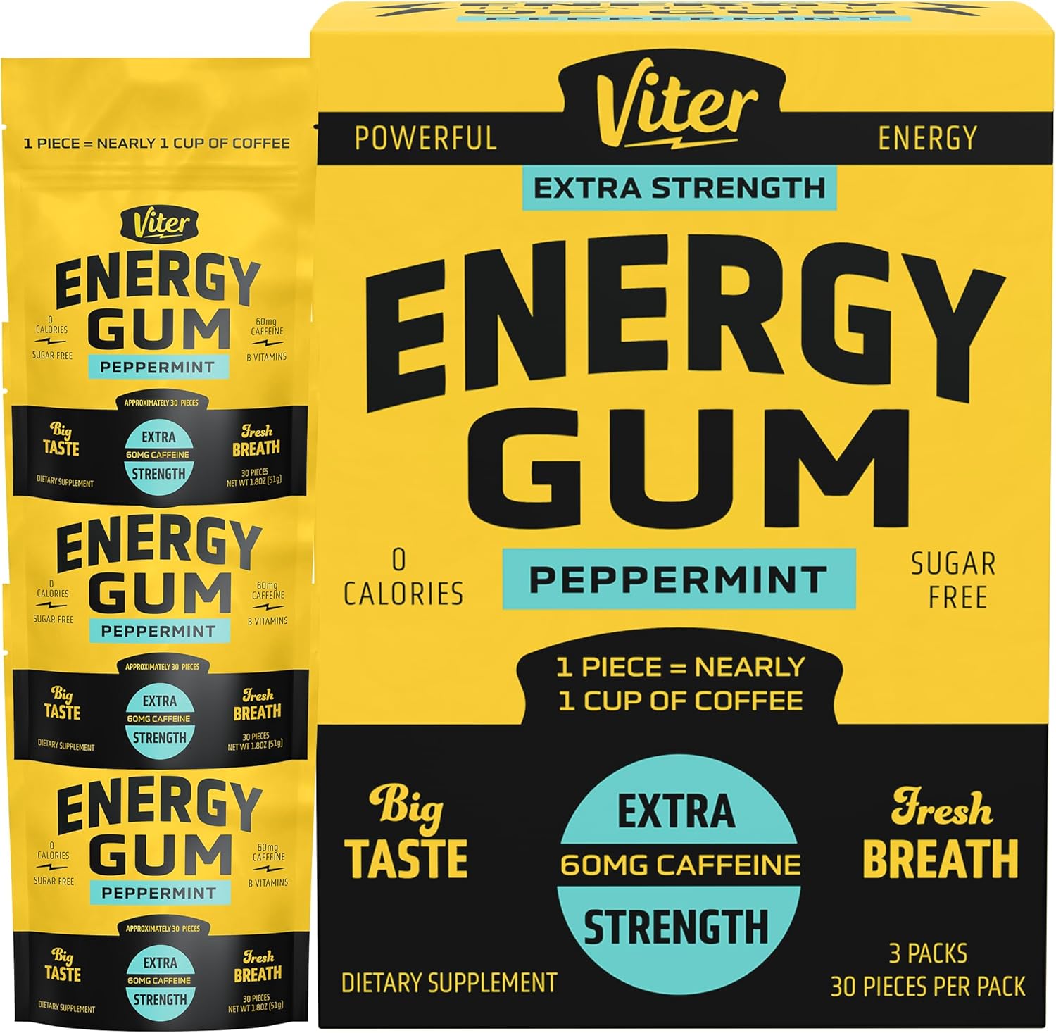 Viter Energy 60mg Caffeine Gum (Peppermint Flavor, 30 Pieces, 3 Pack) - Sugar Free, Vitamin B3, B6, B9, B12, Zero Calories, Caffeinated Energy Chews, Nootropic Focus Supplement for Men & Women