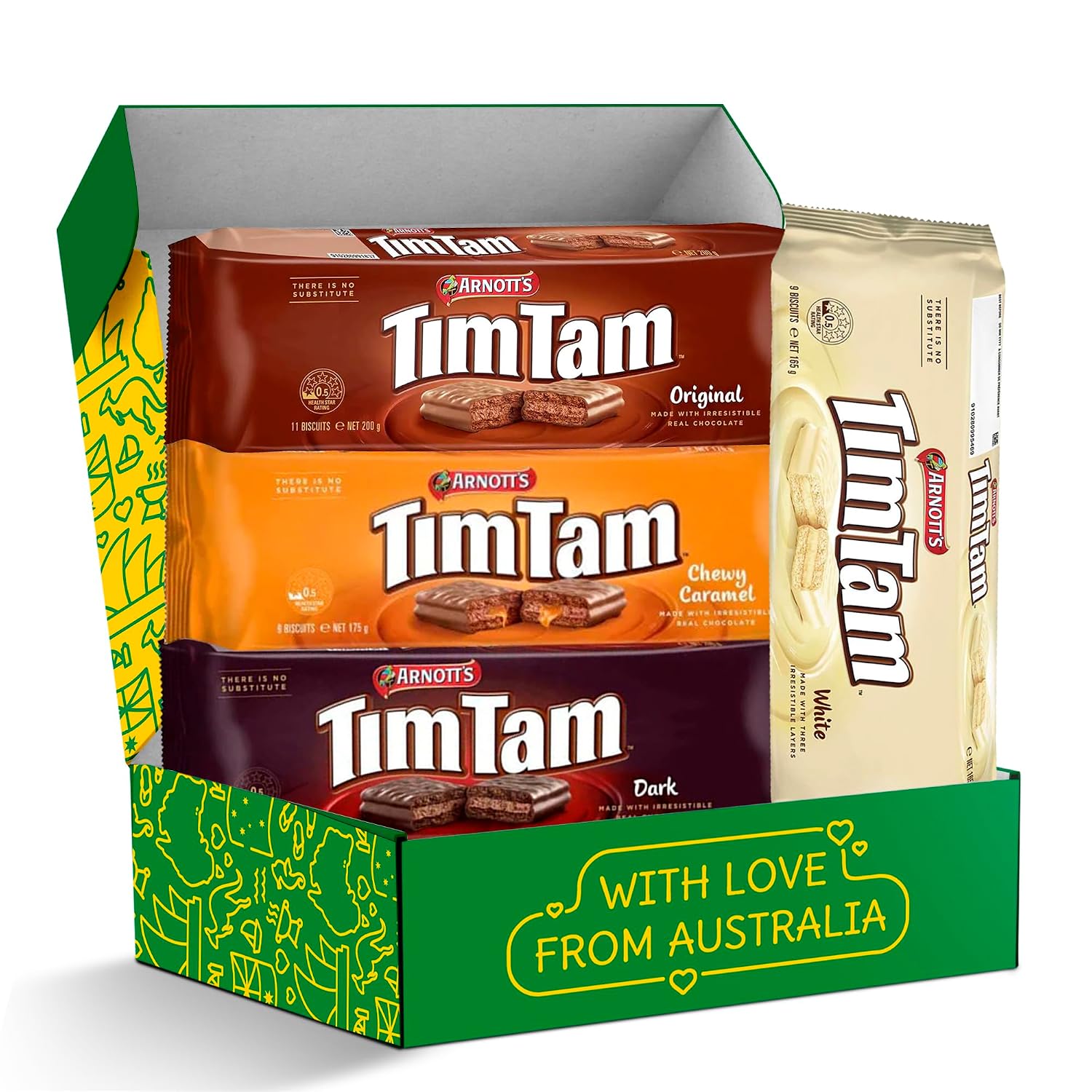 Tim Tam Australian Cookies Gift Box, 4 Full-Size Packs - Original, Dark Chocolate, Chewy Caramel & White - Arnott's Biscuits Gift for Aussie Expats