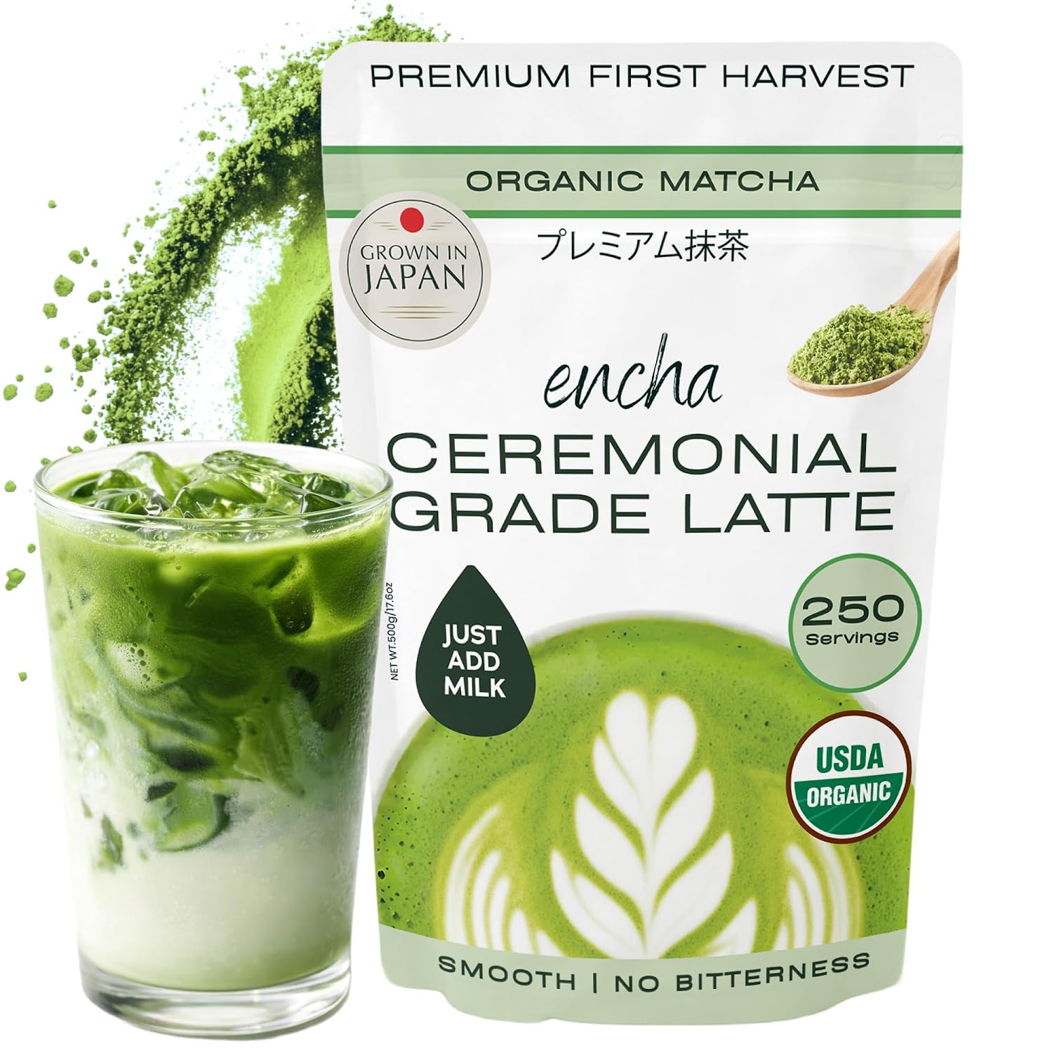 Encha Matcha - Latte Grade Matcha Powder - Unsweetened, First Harvest, Organic Green Tea Powder From Uji, Japan (500g / 1lb) Premium for Latte, Smoothie - Caffeine, L-Theanine