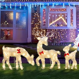 Christmas Decorations Outdoor, Set of 3 Lighted Up Reindeer with 120 LEDs Warm White Lights for Xmas Decor Front Door Backyard Patio Indoor Lighted Holiday Displays