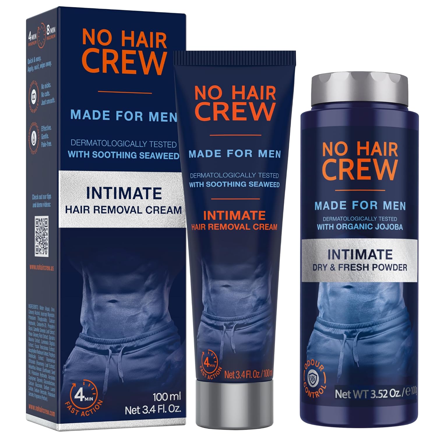 No Hair Crew | Intimate Bundle | Includes Hair Removal Depilatory Cream for Men and Dry & Fresh Body Powder for Sweat and Odor Control