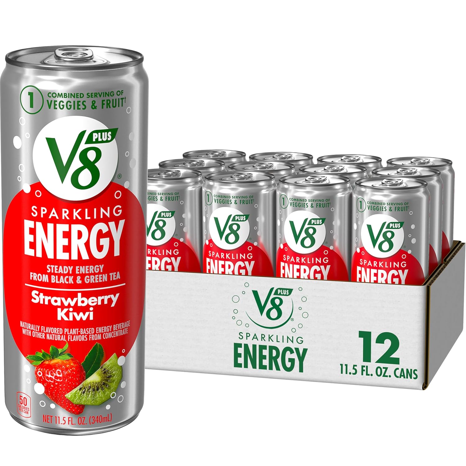 V8 +SPARKLING ENERGY Strawberry Kiwi Energy Drink, Made With Real Vegetable And Fruit Juices, 11.5 FL OZ Can (Pack Of 12)