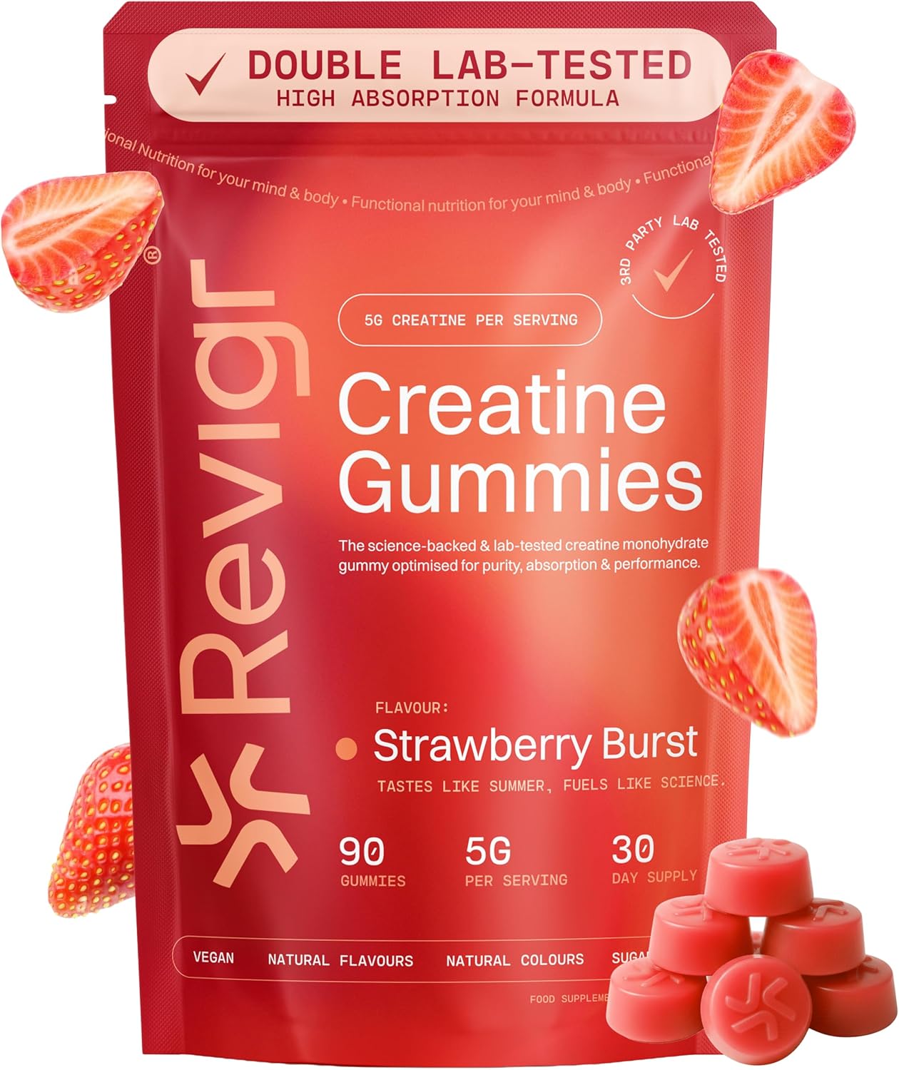 Max 5000mg Lab Tested with COA, 90 Creatine Monohydrate Gummies, Vegan & Sugar-Free, Premium Pre-Workout, Gym Supplement (1 Month Supply) (Stawberry Burst)