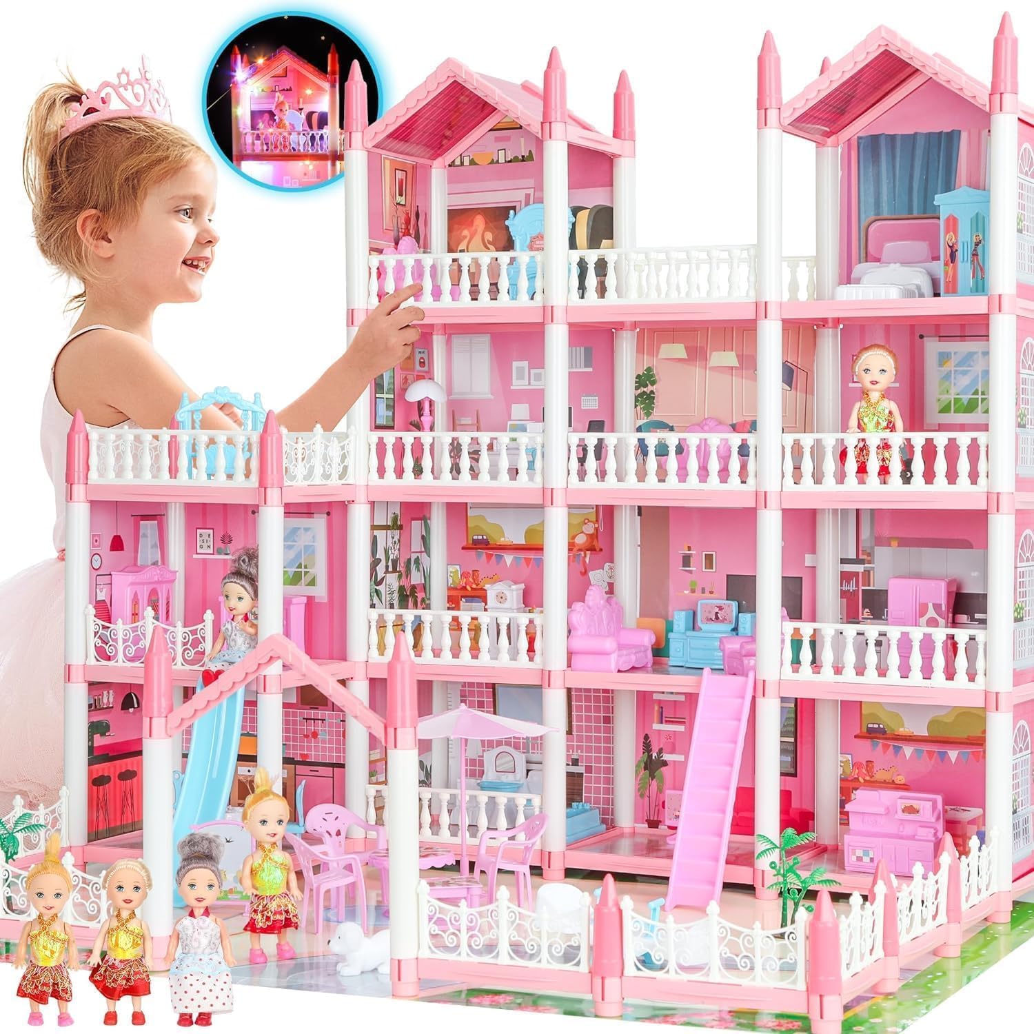24 Inch Big Doll House Girl Toys Dream Dollhouse 4-Story 15 Rooms Playhouse with 3 Dolls, Lights, Furniture and Accessories, Pretend Play Toddler Doll Houses for Kids 6 7 8+ Year Old Gift