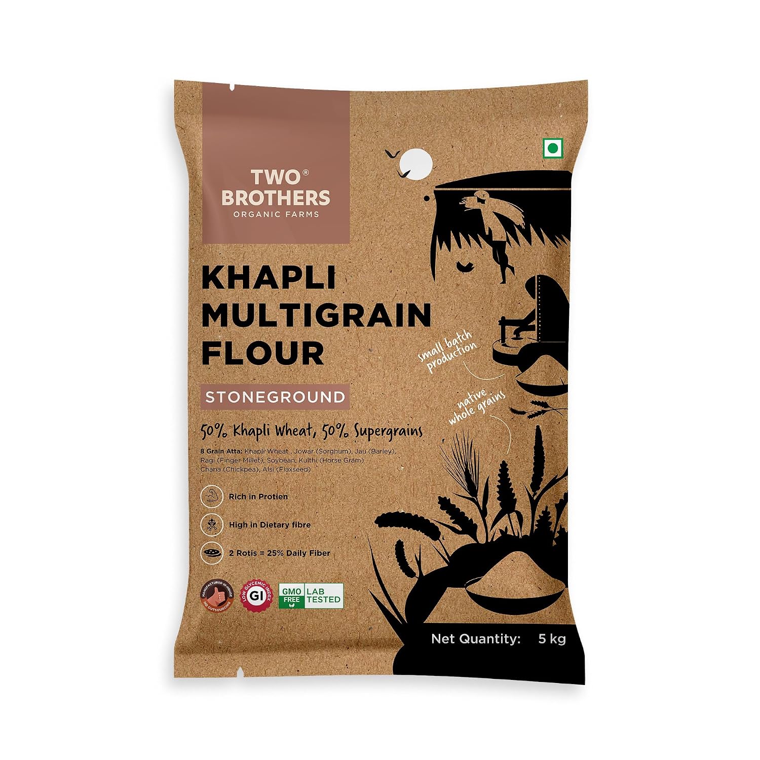 Two Brothers Organic Farms Khapli Multigrain Atta (5kg)| 8 Super Grains Flour Mix, Diabetic Friendly |High Fibre & High Protein | Low GI Atta | Khapli, Jowar, Jau, Ragi, Soybean, Kulthi, Chana, Alsi