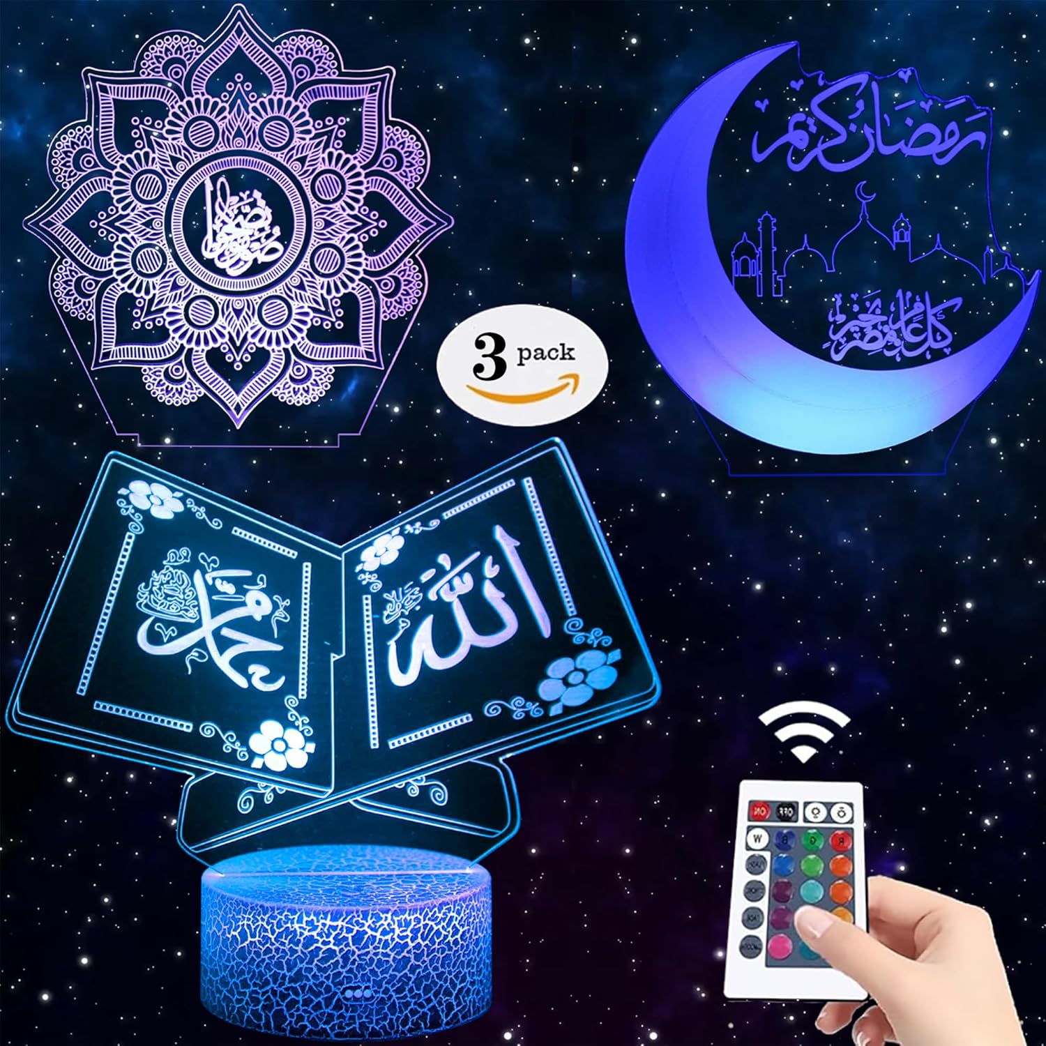 3pcs Muslims Night Lights - 3D Illusion Lamp Set with Moon Castle, Quran Book, Flower Designs - 16 Changeable Colors with Remote and Touch Control Ramadan Islamic Gifts for Kids Friends Home Deco