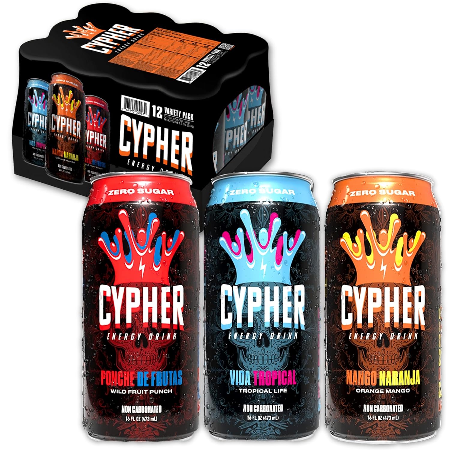 Cypher Sugar Free Energy Drink, Variety Pack – Non-Carbonated & Low Calorie Juice Energy Drink for Lasting Stamina & Focus with 260mg Caffeine, 3g Whey Protein, & 5 Amino Acids (12) 16oz Cans