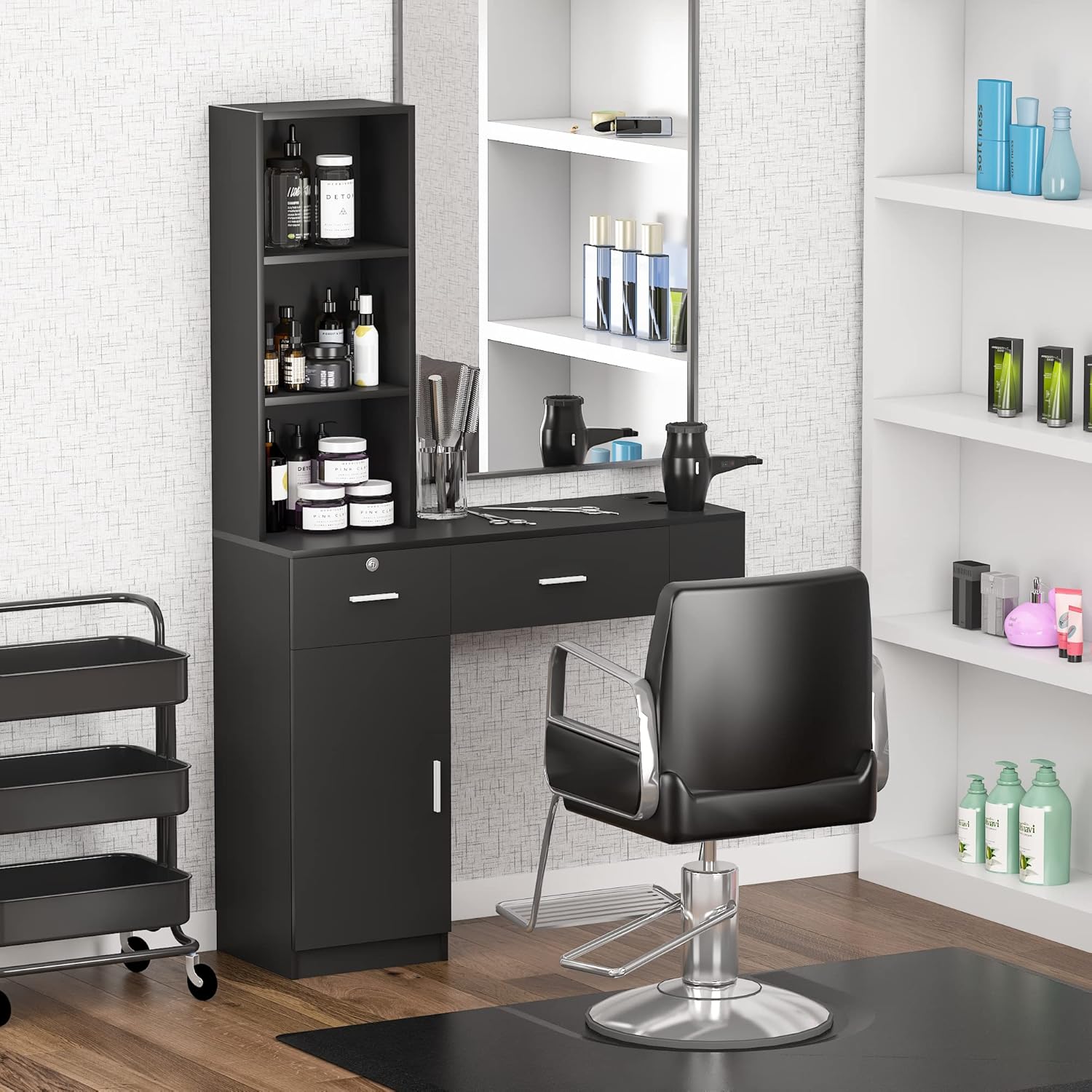 Beauty Salon Barber Station,Wall Mounted Hair Styling Salon Station with 3-Tier Shelf,Hair Salon Spa Equipment with Storage and Cabinet,Black