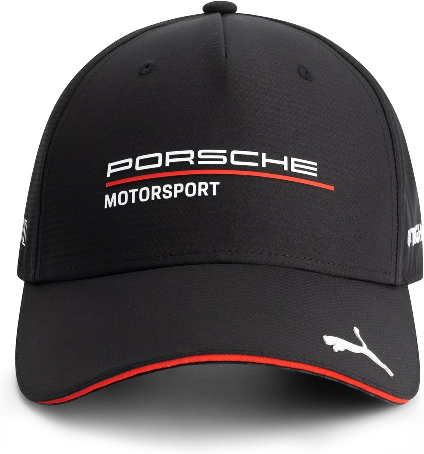 PUMA Porsche Motorsport Curved Brim Team Cap with Porsche Motorsport and Sponsor Logos Throughout, Including a cat on The Peak.