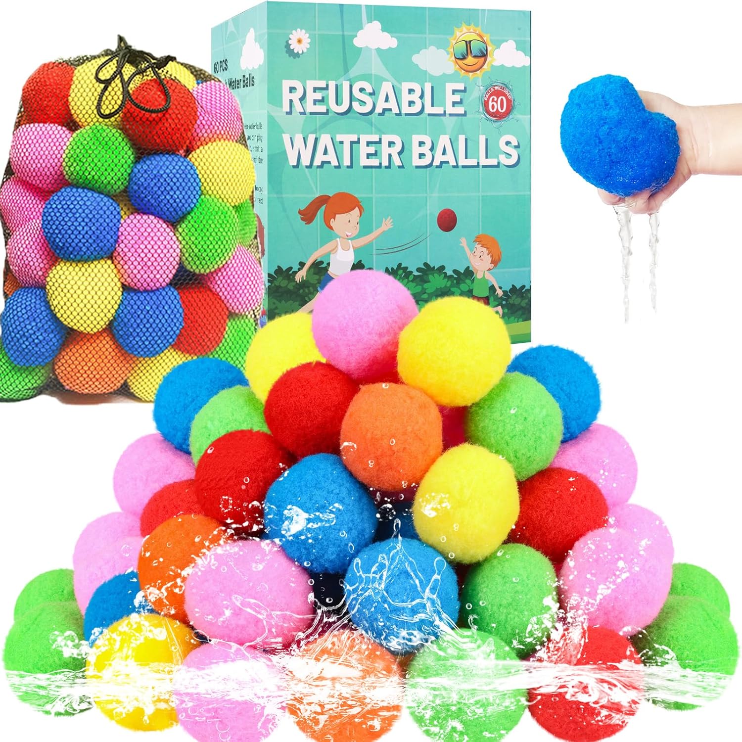 60 Pcs Reusable Water Balls, Reusable Water Balloons for Outdoor Toys and Games, Water Toys for Kids and Adults Boys and Girls - Summer Balls for Pool and Backyard Fun