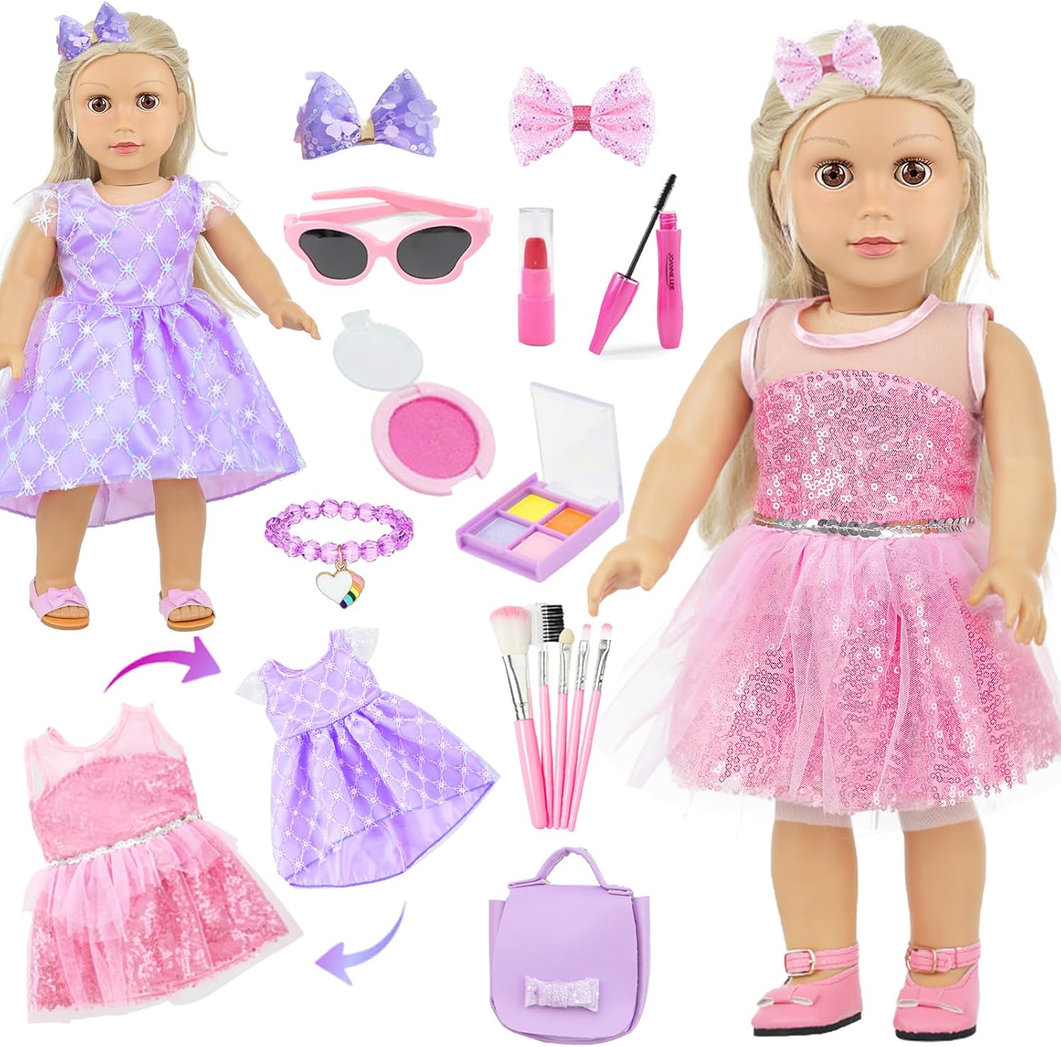 18 Inch American Doll Accessories, 2 Sets Pink and Purple Dresser Sunglasses Handbag Lipstick Hair Clip Eye Shadow Foundation Make-up Bracelet Cosmetic Brush American Doll Clothes Set