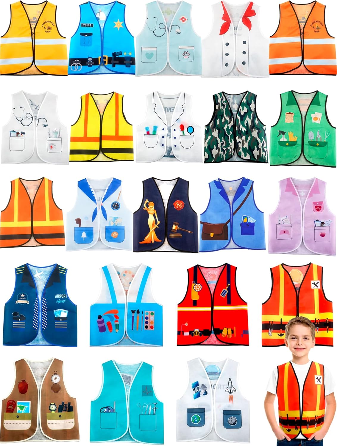 22 Pcs Kids Community Helper Dress Up Vest Occupation Costumes Career Cosplay Clothes for Kids Halloween Role Pretend Play