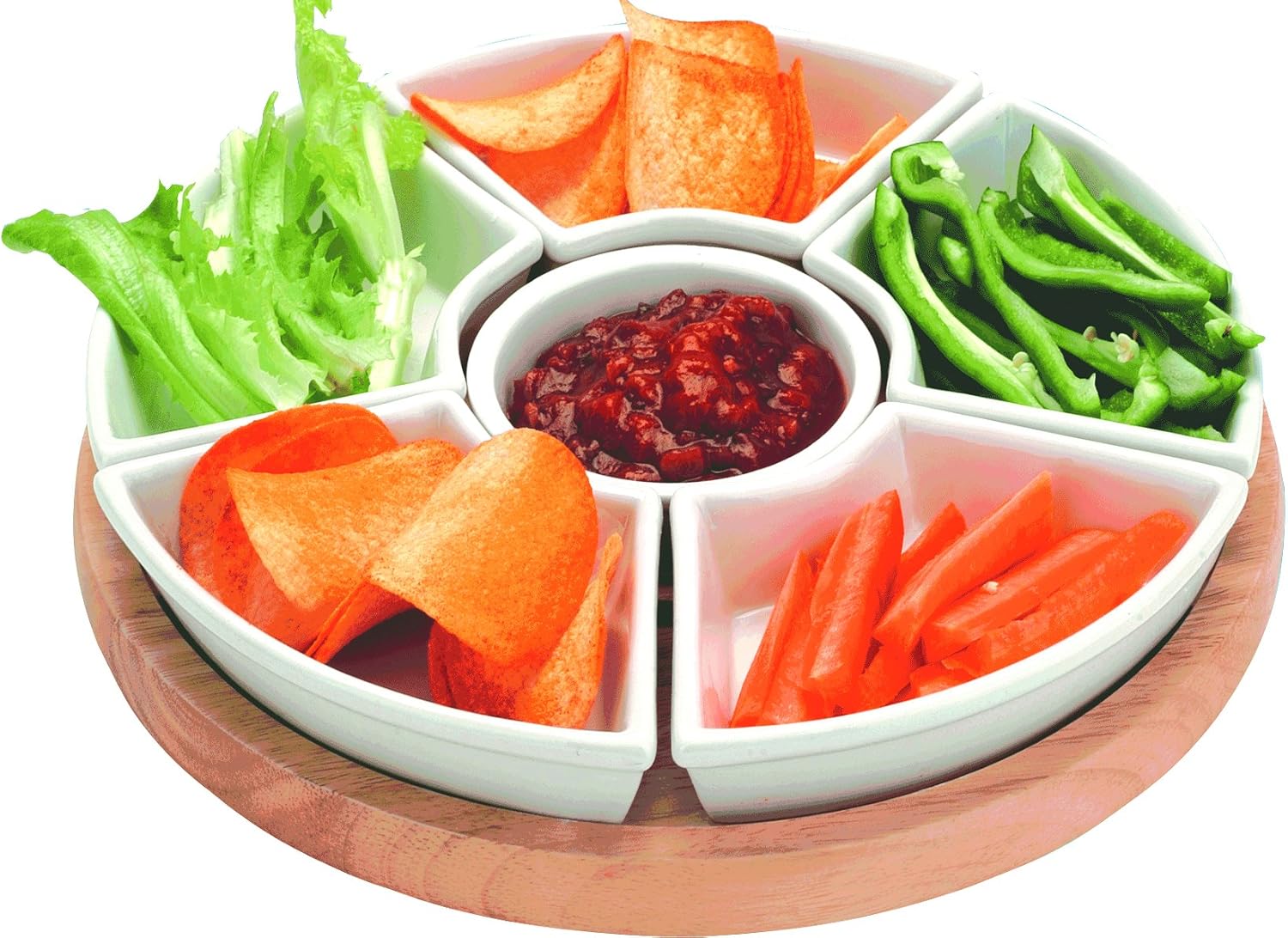 apollo THE HOUSEWARES BRAND Lazy Susan with Ceramic dishes Rotating, Revolving, Hevea Wood, Turntable Dips, Snacks and Appetisers, 35cm, Natural