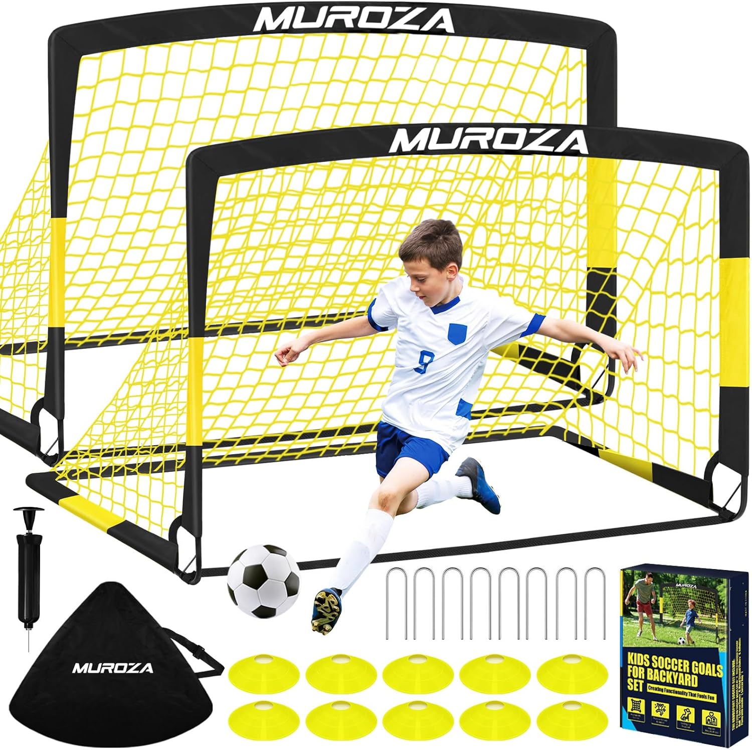 Kids Soccer Goals for Backyard Set, 2 Pack of Portable Pop Up Soccer Nets with Soccer Ball, Cones, Complete Training Equipment for Youth, Toddler Outdoor Sports Games