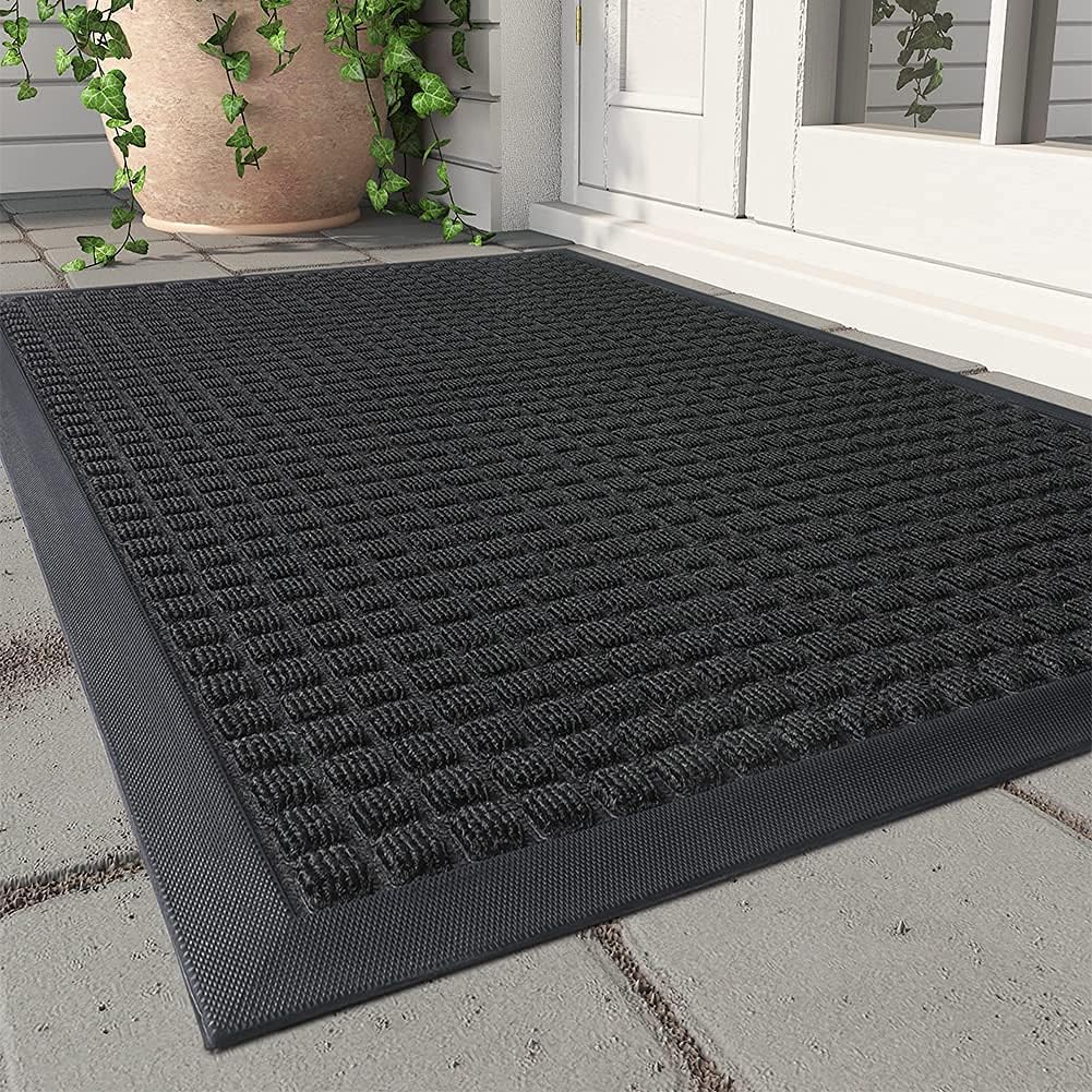 MontVoo-Door Mat Outside Entrance Outdoor Indoor Front Doormat for Entryway-Welcome Mat Durable Rubber Backed Entry Mat Non Slip Dirt Trapper Absorbent-Black 17’’x30’’
