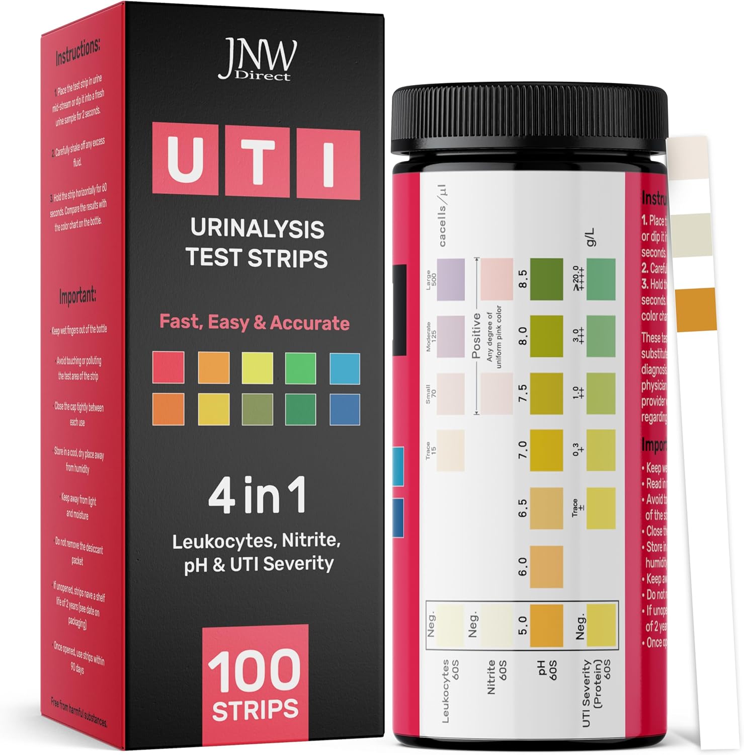 JNW Direct 4-in-1 UTI Test Strips - 100ct Urine Test Strips, Quick and Easy, Accurate Home UTI Test for Women & Men, Results in 60 Seconds, Urinalysis Test Strips Full Panel, JNW Direct