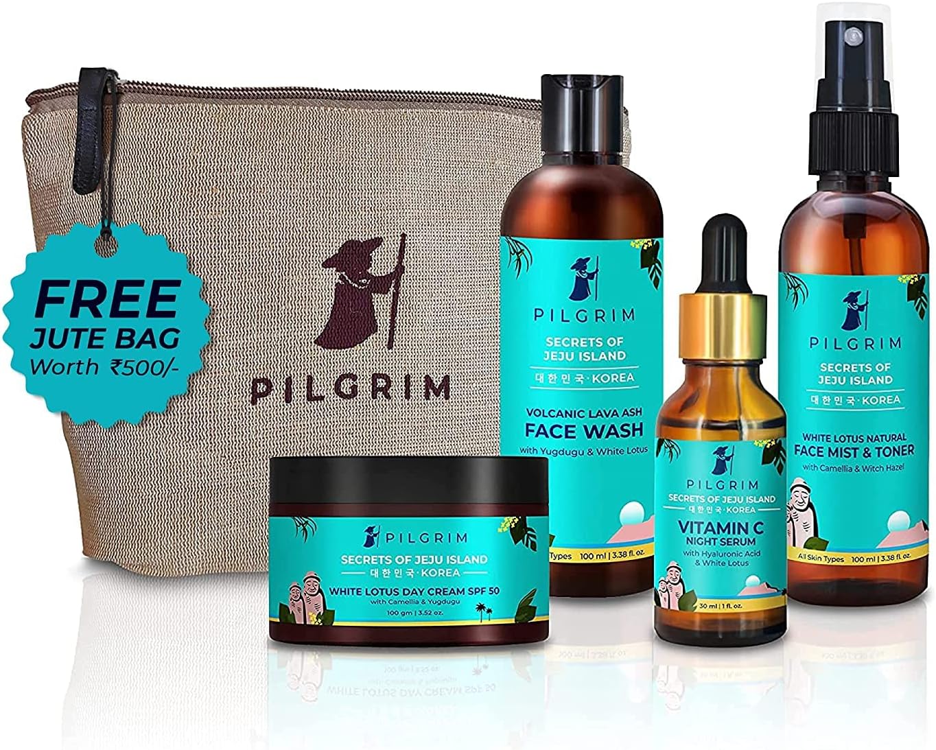 Pilgrim Korean Beauty Flawless Skin Face Care Kit With Vitamin C Night Serum & Jute Kit Bag | Daily Face Wash 100 Ml, Refreshing Face Mist & Toner 100 Ml, Brightening Day Cream Spf50 100 Gm