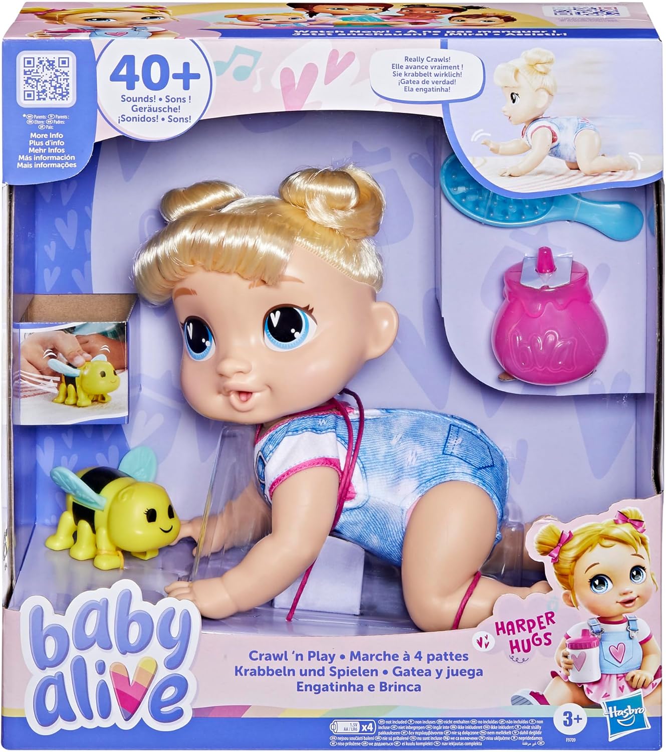 Baby Alive Crawl 'n Play Harper Hugs Electronic Crawling Baby Doll Set, Blonde Hair, Kids Toys for Girls & Boys 3 Years & Up, 10.75 Inches