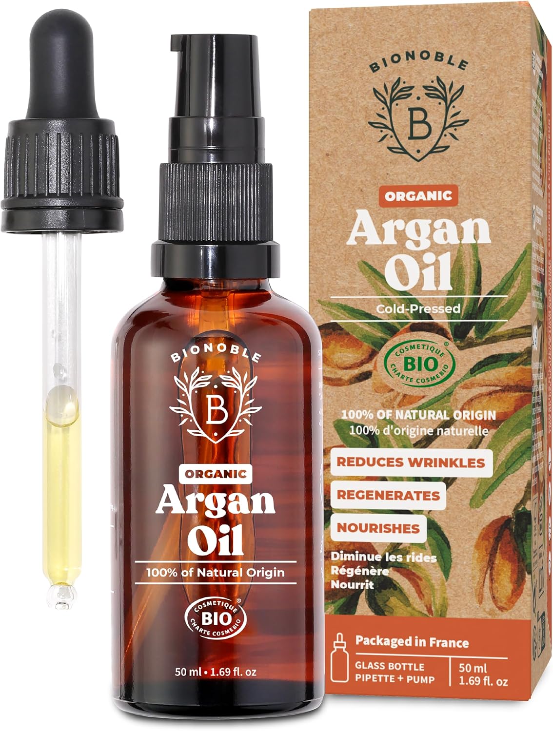 Bionoble Organic Argan Oil 50ml - 100% Pure, Natural and Cold Pressed - for Hair, Face, Body, Beard, Nails - Vegan and Cruelty Free - Glass Bottle + Pipette + Pump
