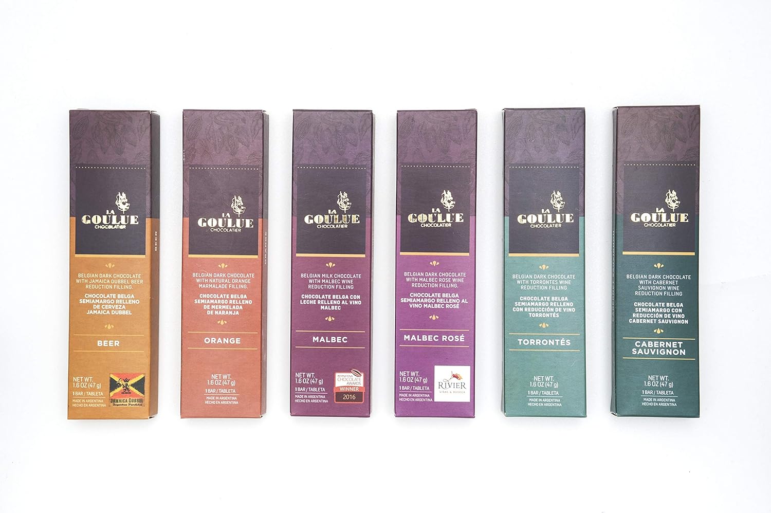 Gourmet Dark Chocolate Filled with Wine Varietals – Cabernet Sauvignon, Malbec, Torrontes White Malbec Rose wine Infused Artisan Chocolates Beer and Orange– Perfect for Gifting and Wine Lover 6 Bars 47g each(1.6 Oz)