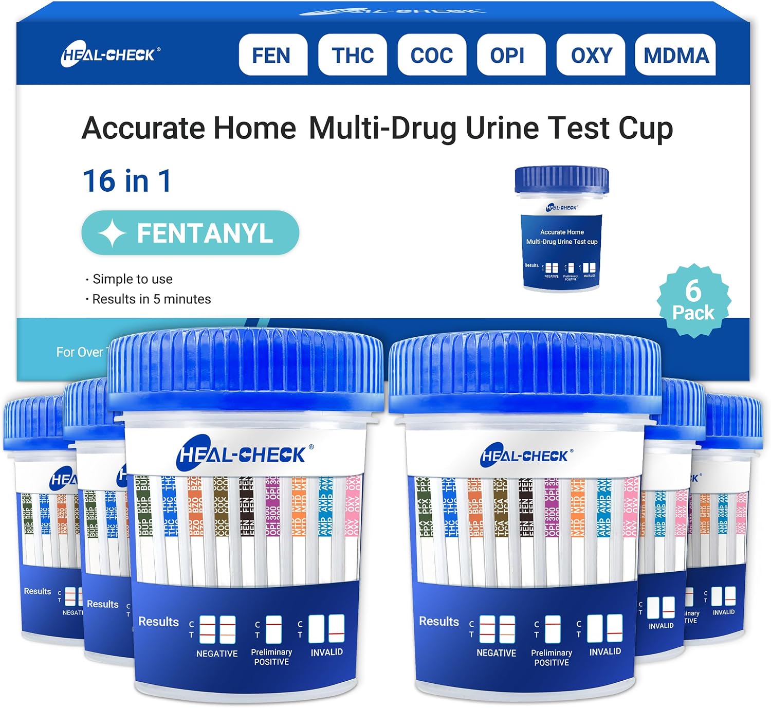 6 Pack 16 Panel Multi Drug Urine Test Kit, HEAL-CHECK Urine Drug Test Cup for Home or Workplace, Screens for Fen (Fentanyl), THC, AMP, BUP, BAR, BZO, COC, MET, MDMA, OPI, MTD, OXY, PCP, PPX, TCA, TML