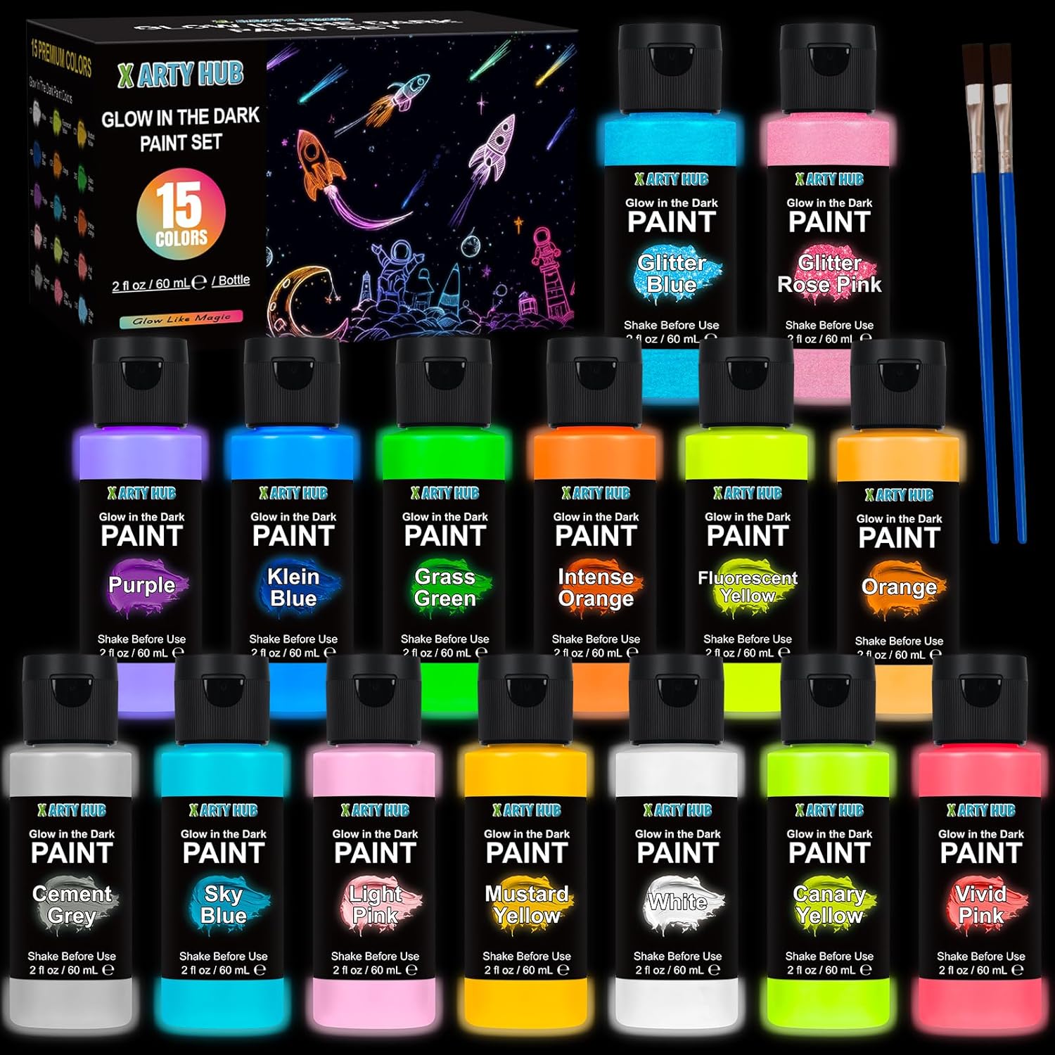 Glow in the Dark Paint, 15 Neon Colors (2 fl.oz/bottle) with 2 Brushes, UV Fluorescent & Long Lasting Luminous Acrylic Paint set for Fabric, Rocks, DIY Crafts, Wall Art, Outdoor Decor