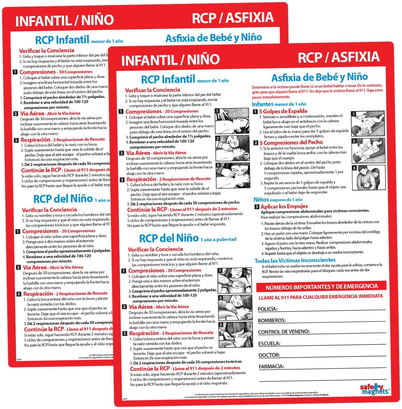 2 PACK: Infant and Child CPR/Choking First Aid in SPANISH - Laminated Card with Magnets - 8.5 x 11 in.