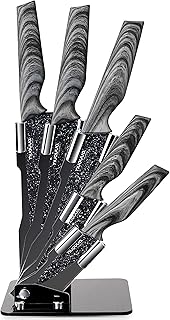 nuovva Professional Kitchen Knife Set with Block - Granite 18 Pcs with Knives Sharpener Peeler and Scissors - Clear Acrylic Block High Carbon Stainless Steel Blades Wood Affect Handle