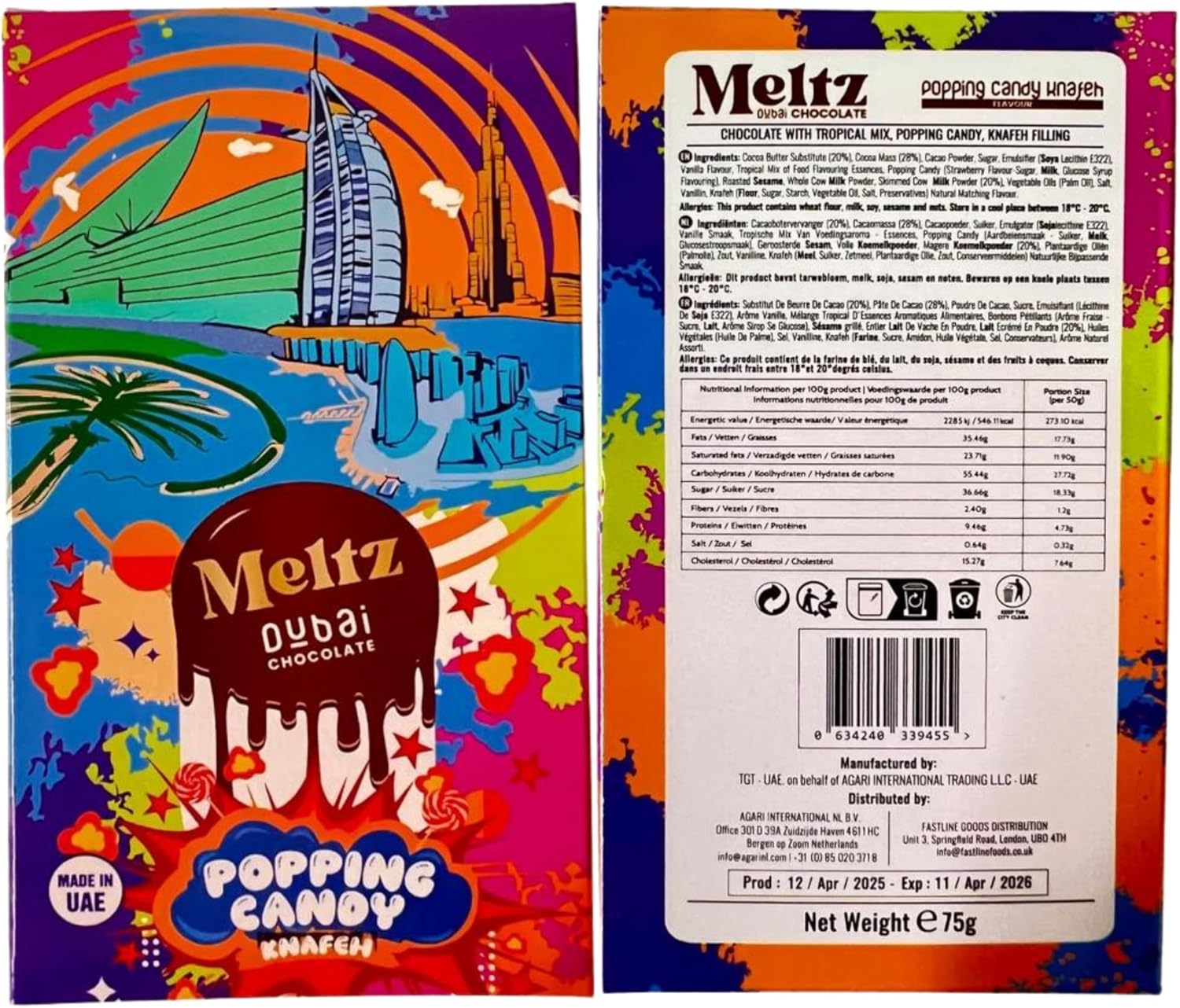 Meltz Dubai Pistachio Cream Chocolate Bar with Kunafa & Knafeh | Luxury Middle Eastern Dessert, 75g Individually Wrapped | Gourmet Milk Chocolate Gift Snack | Viral Arab (75g, Popping Candy)