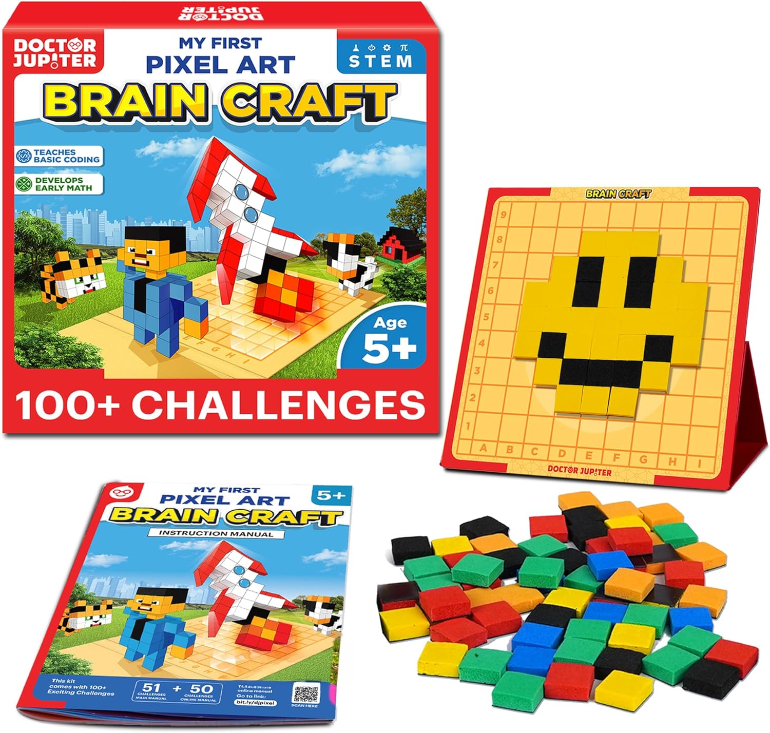 Doctor Jupiter My First STEM Pixel Art Kit for Kids | Learning & Educational Coding Basics for Boys & Girls| Building Toys, Montessori Toy, Math Puzzle with 100+ Challenges