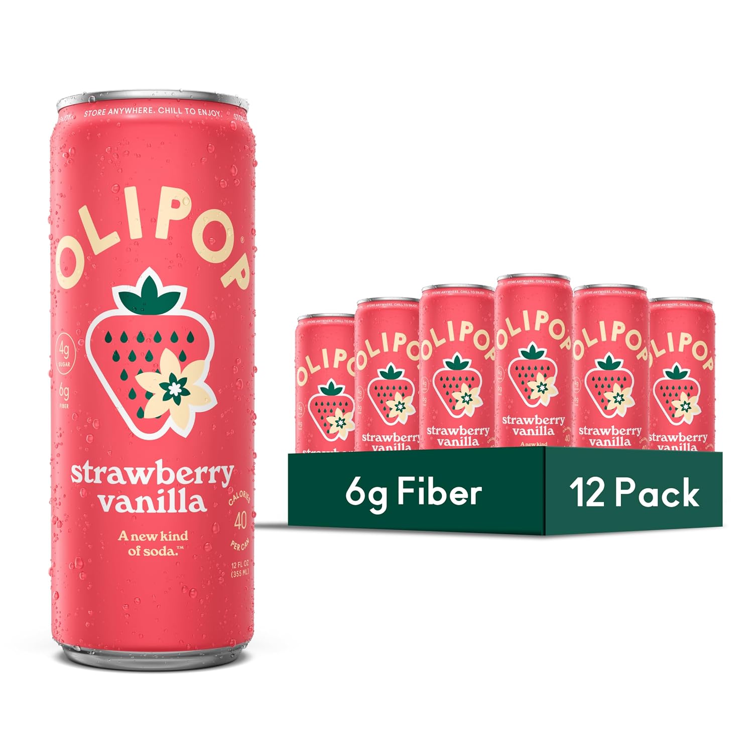 OLIPOP 6g Fiber Prebiotic Soda, Strawberry Vanilla, 12 fl oz, 12Pack Skinny | Shelf Stable Prebiotic Soda (Skinny), 6g Fiber, 4g Sugar, Digestive Health Support, Prebiotics & Botanicals, Gluten Free