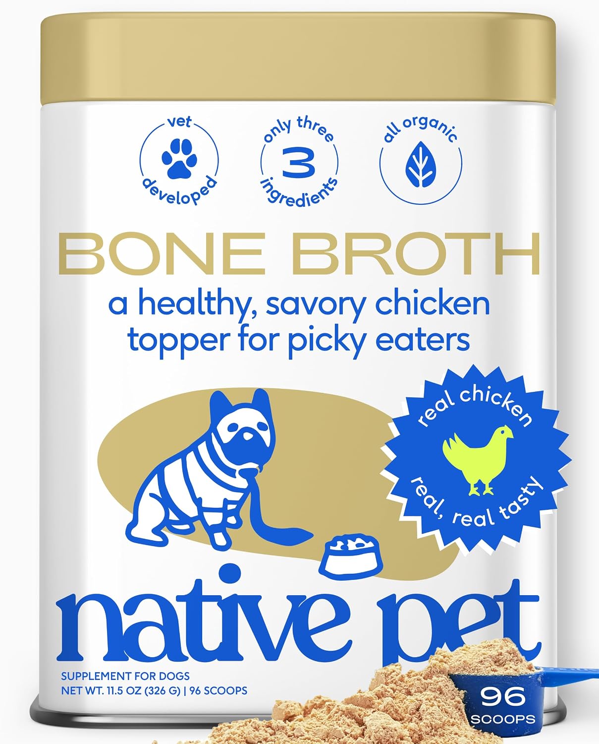 Native Pet Bone Broth for Dogs and Cats - Chicken Bone Broth Powder Dog Food Toppers for Picky Eaters - Provides Extra Nutrition for Joint Strength, Immune Support & Heart Health - 96 Scoops