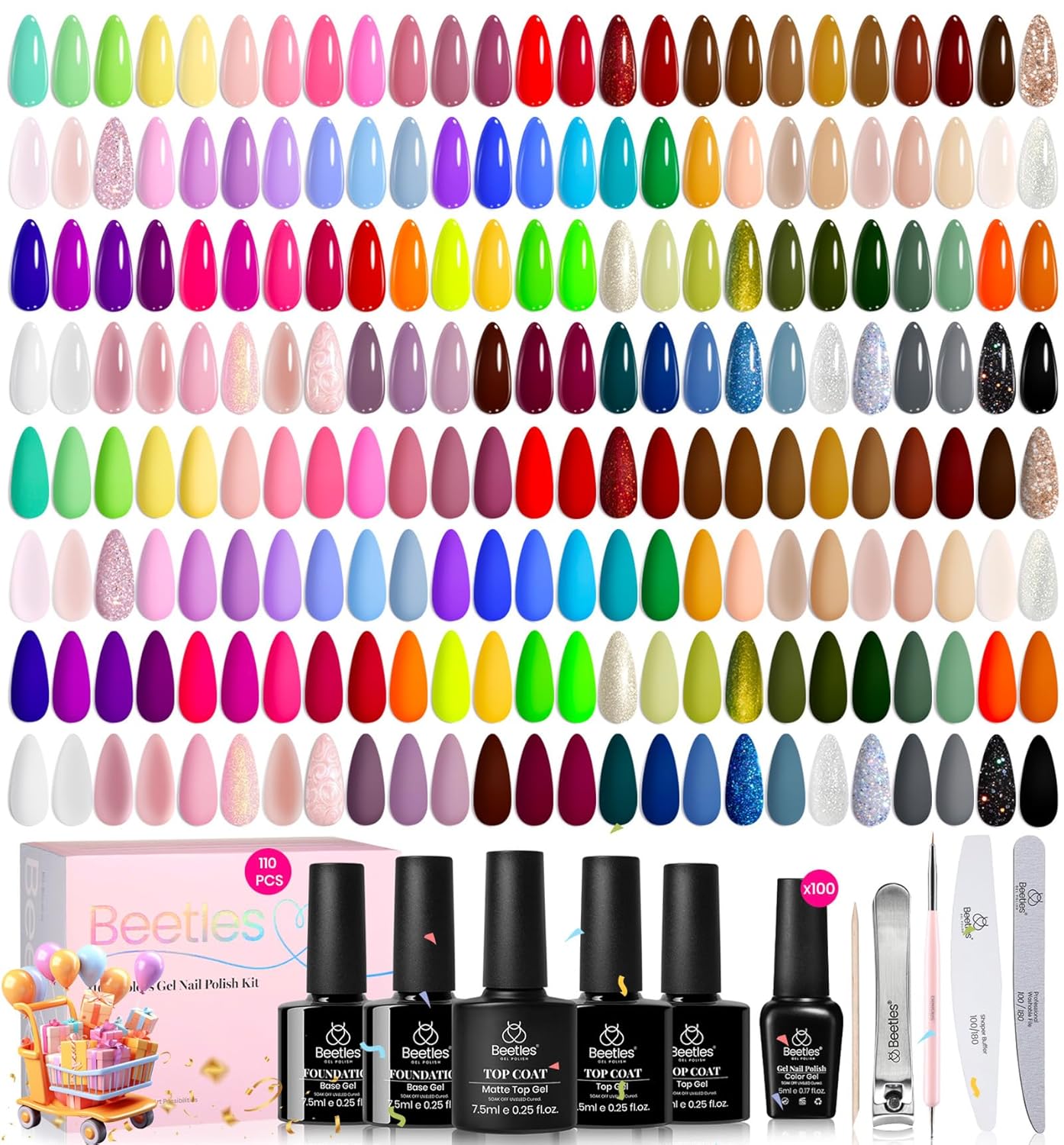 Beetles 110 PCS Gel Nail Polish Set, 100 Colors Infinite Inspiration All Season Red Brown Green Black Gel Polish with 5Pcs Base Top Coat Soak off UV Gel for Manicure Lovers DIY at Home Gifts for Women