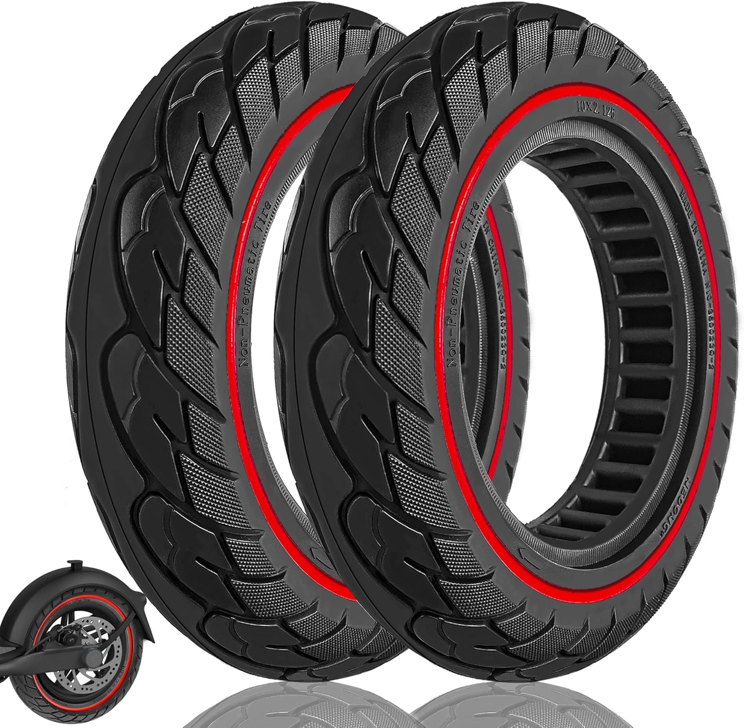 Felixstory 10 inch Solid Rubber Tire, 10x2.125, 50/75-6.1 Tubeless Tyre for Xiaomi M365/Pro 1s/Pro 2, Gotrax G4/Xr/V2 Electric Scooter, 10x2 Puncture-Proof Explosion-Proof Wheel Replacement Red 2pcs