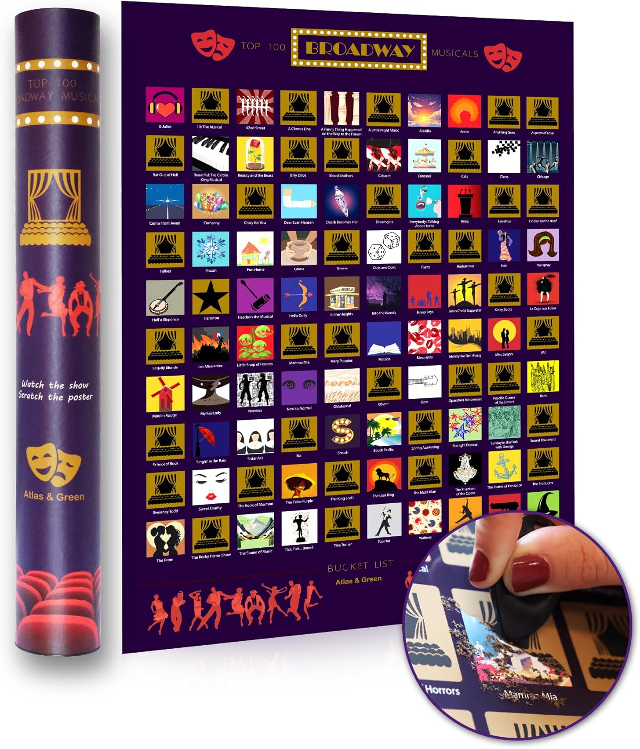 Atlas & Green Top 100 Musicals Poster. Top 100 Scratch Off Musical Poster. Gift Tube Movie Posters Stickers