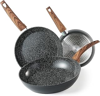 Non Stick Frying Pan Skillet Set, 8" 9.5" 11" Nonstick Pan Set Induction Ceramic Cookware Set with Granite Pattern Omelet Pans, Chef's Pan, Black Kitchen Pan Set